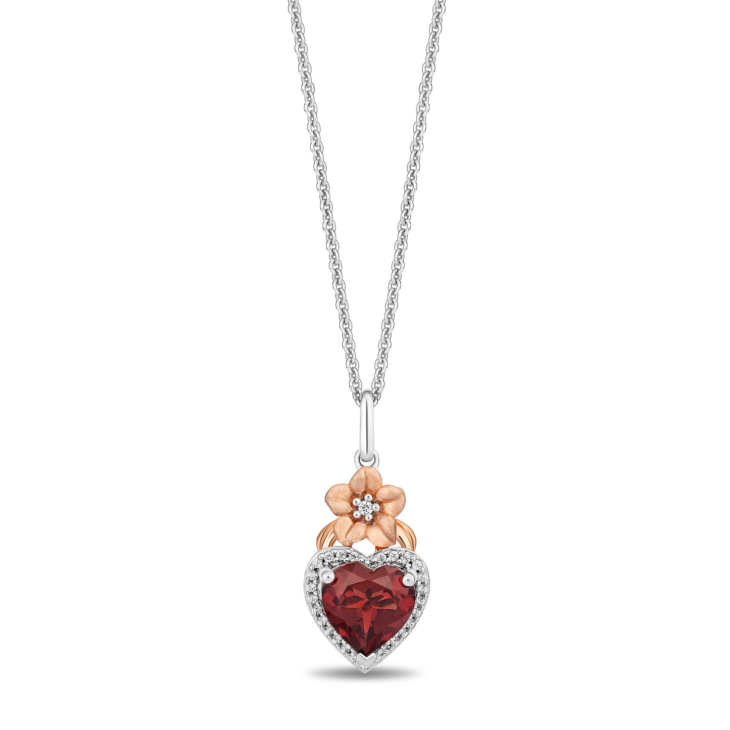Enchanted Disney Fine Jewelry 14K Rose Gold Over Sterling Silver and 1/10 CTTW Diamonds and Garnet Snow White Heart Necklace