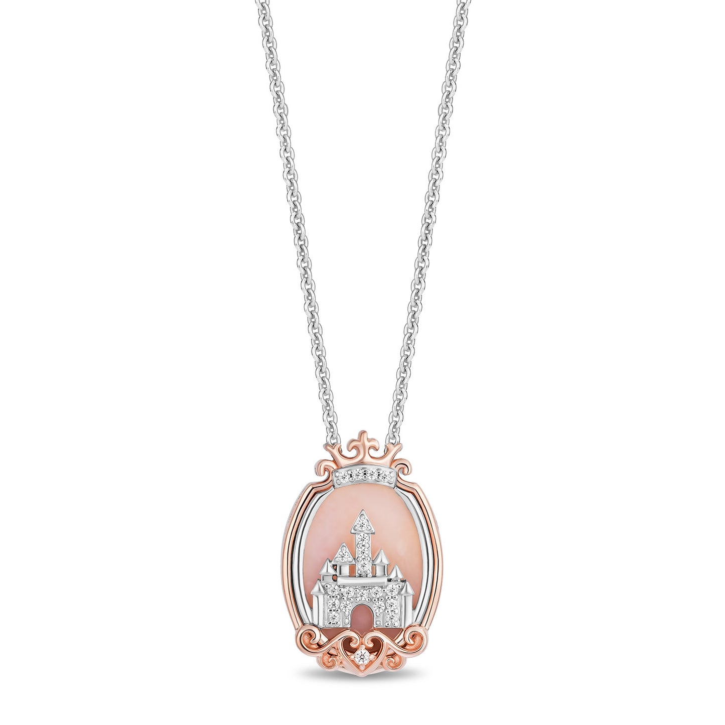 Enchanted Disney Fine Jewelry 14K Rose Gold and Over Sterling Silver with 1/10 CTTW Diamonds and Created Pink Opal Majestic Princess Necklace