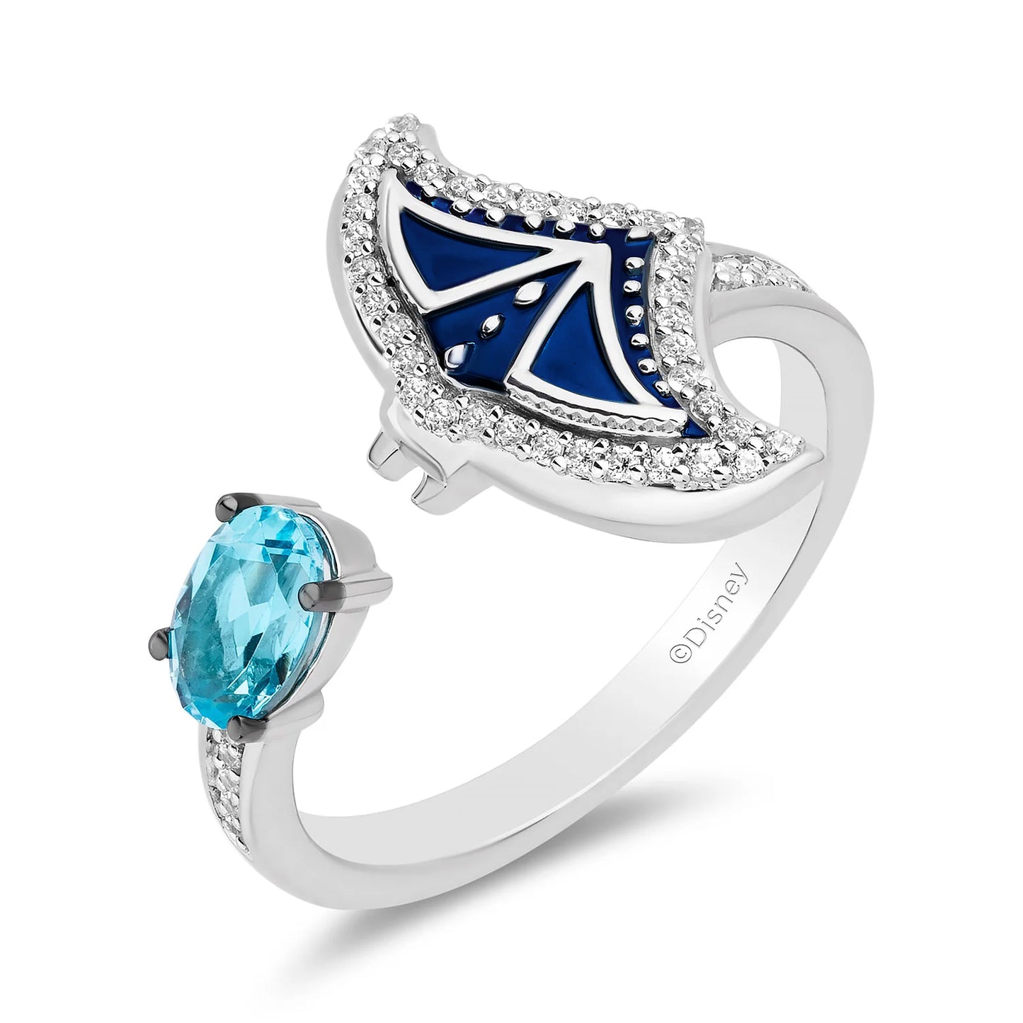 Enchanted Disney Fine Jewelry Sterling Silver with 1/6 CTTW Diamonds and Swiss Blue Topaz Moana Ring
