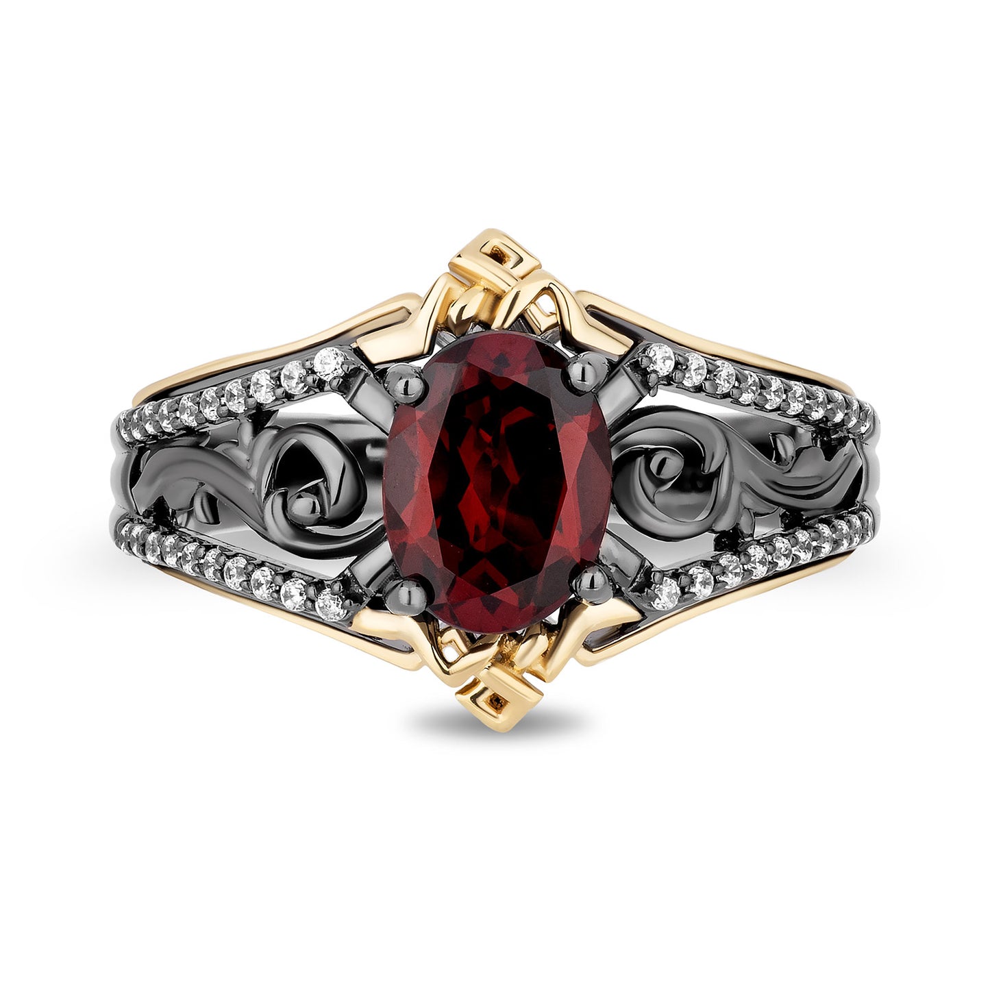 Enchanted Disney Fine Jewelry 14K Yellow Gold and Black Rhodium over Sterling Silver with 1/6 CTTW Diamonds and Red Garnet Evil Queen Ring