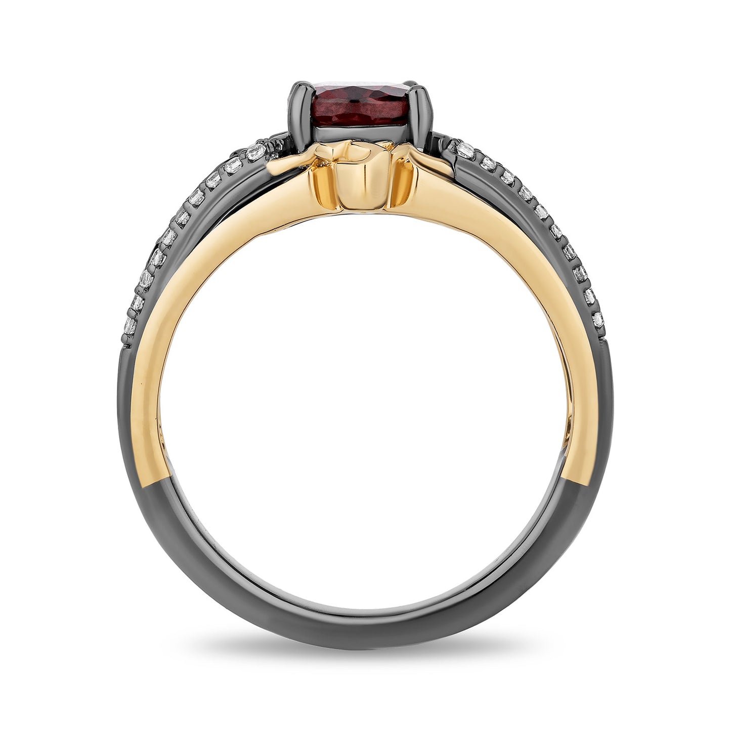 Enchanted Disney Fine Jewelry 14K Yellow Gold and Black Rhodium over Sterling Silver with 1/6 CTTW Diamonds and Red Garnet Evil Queen Ring
