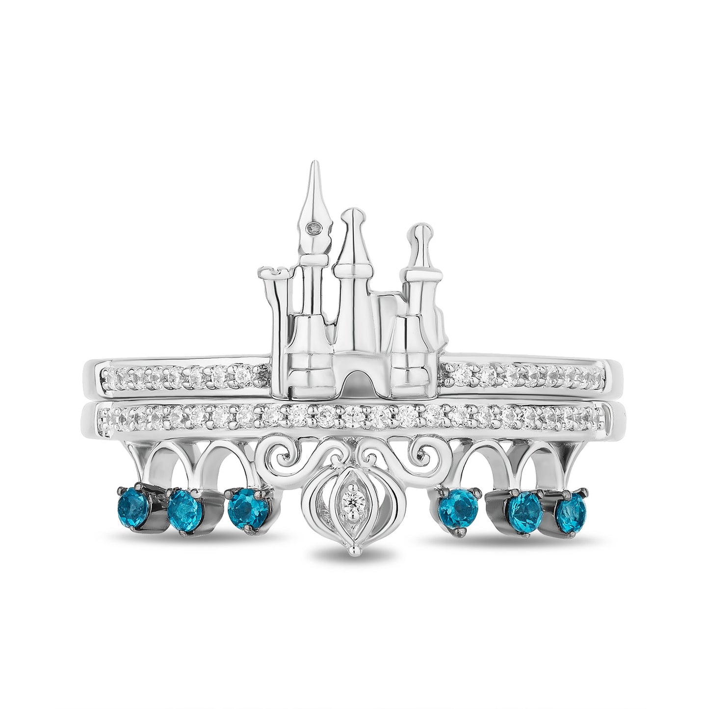 Enchanted Disney Fine Jewelry Sterling Silver with 1/8 CTTW Diamonds and London Blue Topaz Cinderella Duo Stack Ring