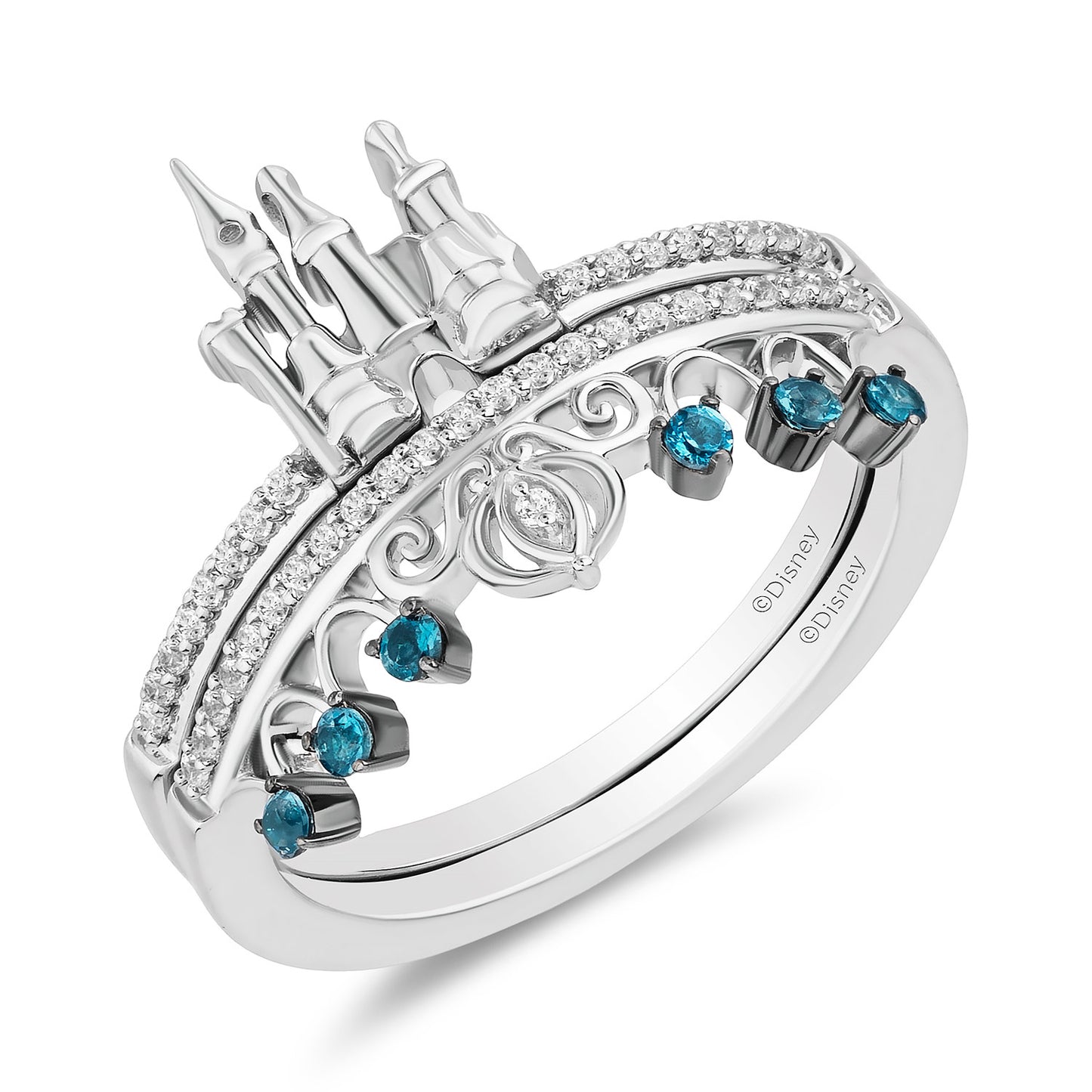 Enchanted Disney Fine Jewelry Sterling Silver with 1/8 CTTW Diamonds and London Blue Topaz Cinderella Duo Stack Ring
