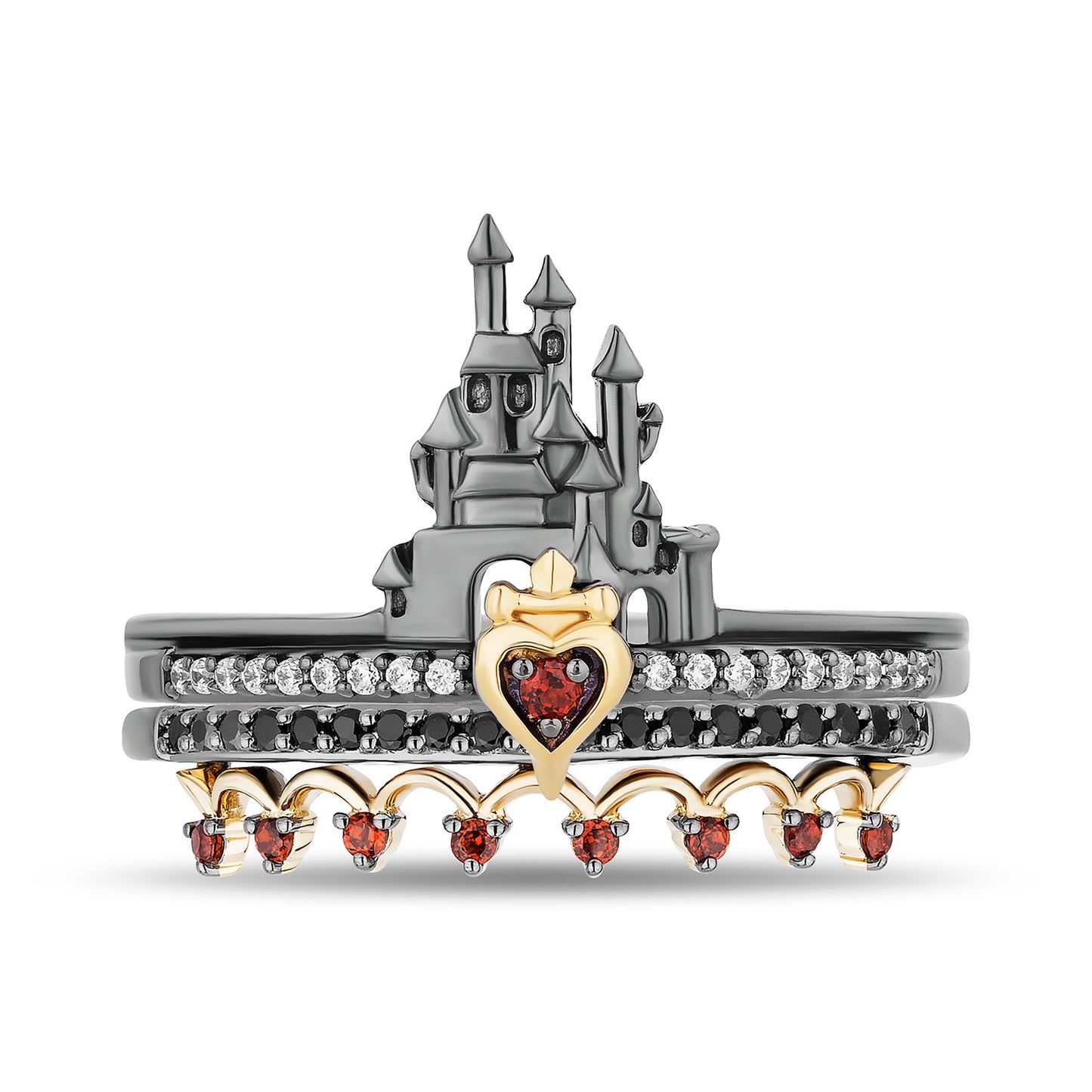 Enchanted Disney Fine Jewelry 14K Yellow Gold Over Sterling Silver with 1/6 CTTW Diamonds and Garnet Evil Queen Stack Duo Stack Ring