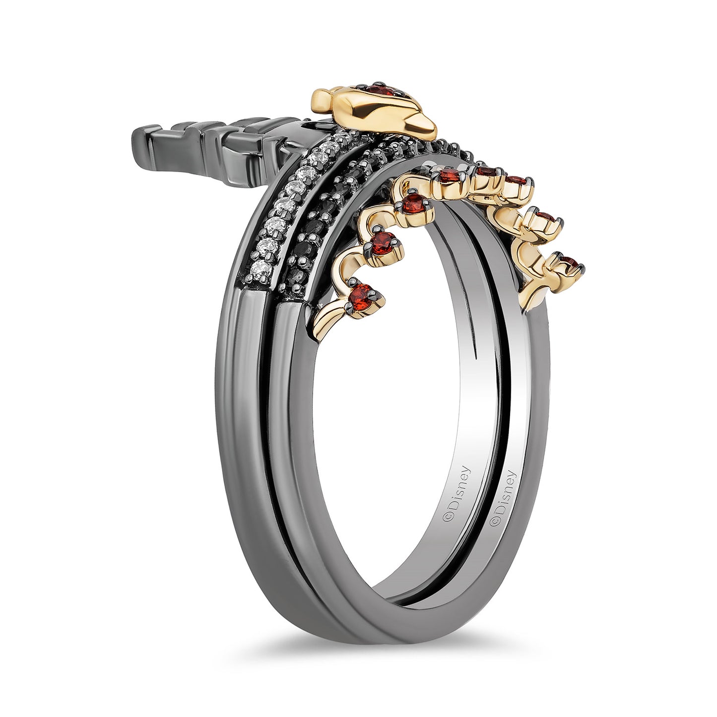 Enchanted Disney Fine Jewelry 14K Yellow Gold Over Sterling Silver with 1/6 CTTW Diamonds and Garnet Evil Queen Stack Duo Stack Ring