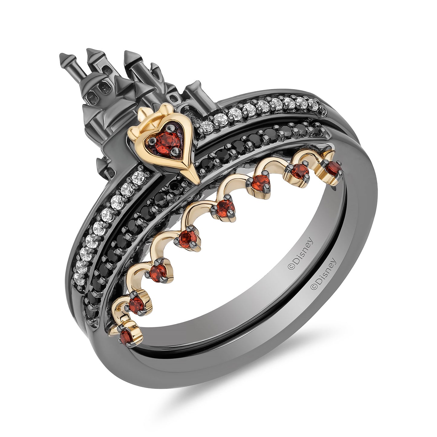 Enchanted Disney Fine Jewelry 14K Yellow Gold Over Sterling Silver with 1/6 CTTW Diamonds and Garnet Evil Queen Stack Duo Stack Ring