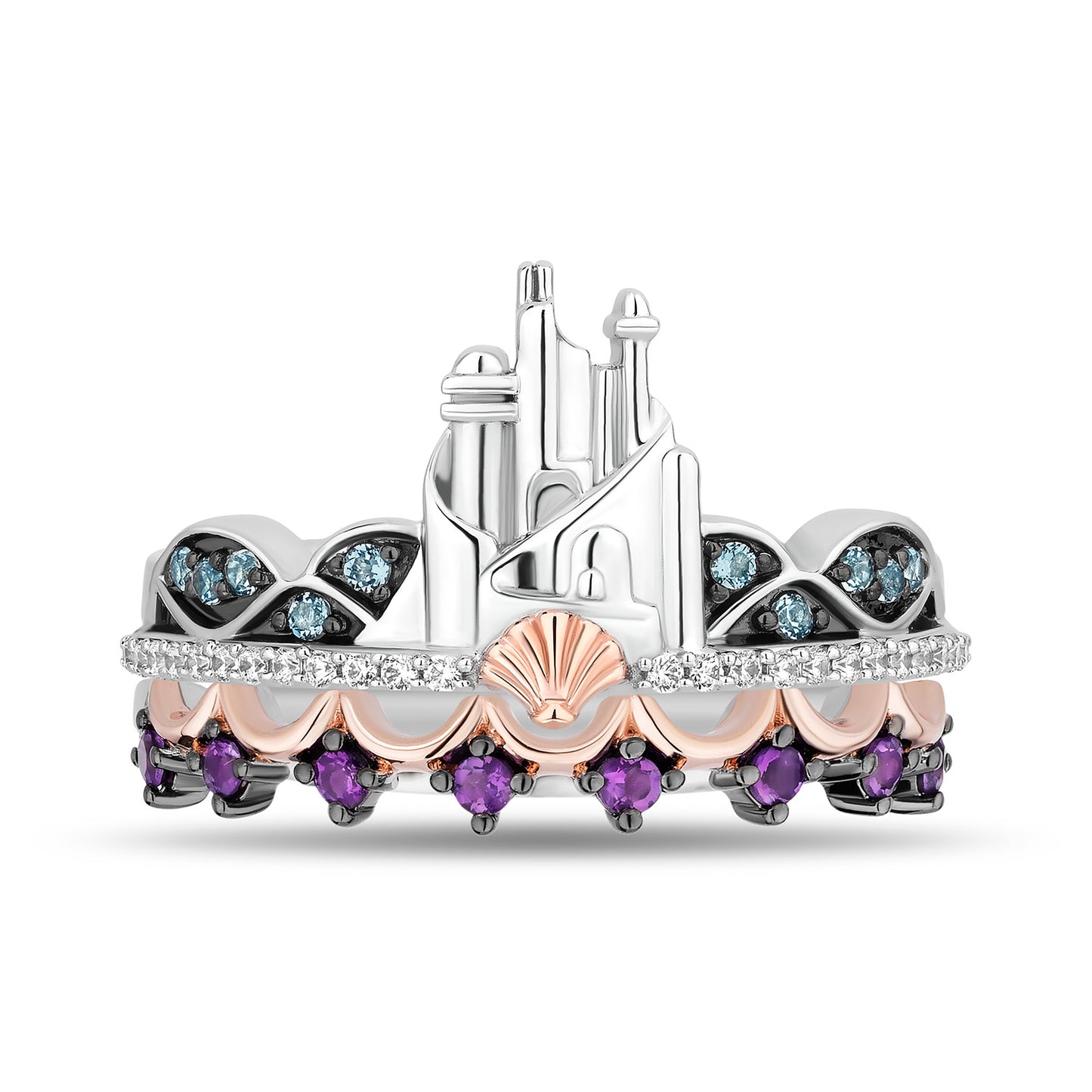 Enchanted Disney Fine Jewelry 14K Rose Gold Over Sterling Silver with 1/10 CTTW Diamonds, Swiss Blue Topaz and Amethyst Ariel Duo Stack Ring