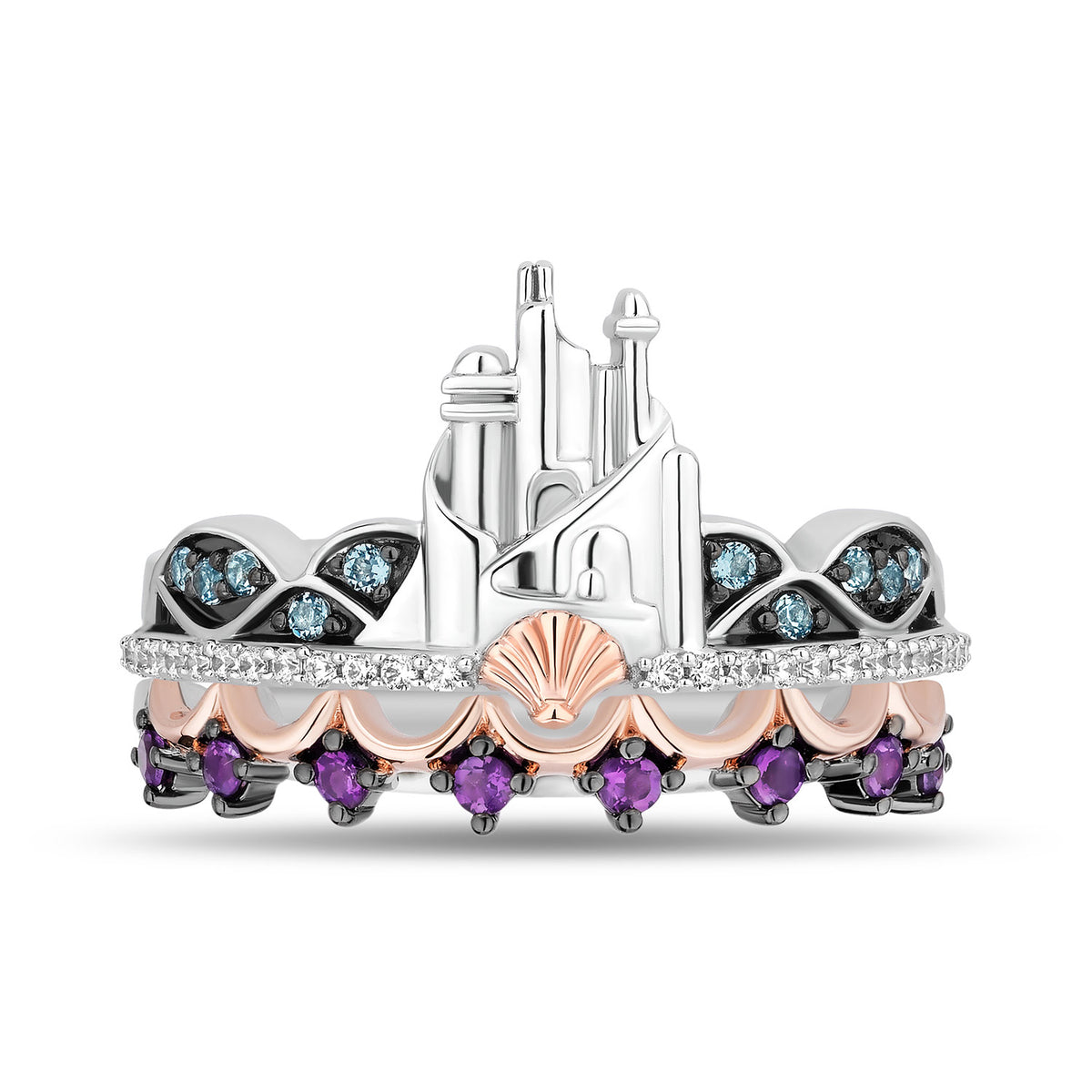 Enchanted Disney Fine Jewelry 14K Rose Gold Over Sterling Silver with 1/10 CTTW Diamonds, Swiss Blue Topaz and Amethyst Ariel Duo Stack Ring