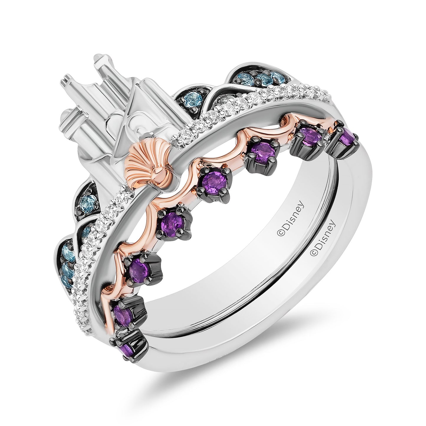 Enchanted Disney Fine Jewelry 14K Rose Gold Over Sterling Silver with 1/10 CTTW Diamonds, Swiss Blue Topaz and Amethyst Ariel Duo Stack Ring