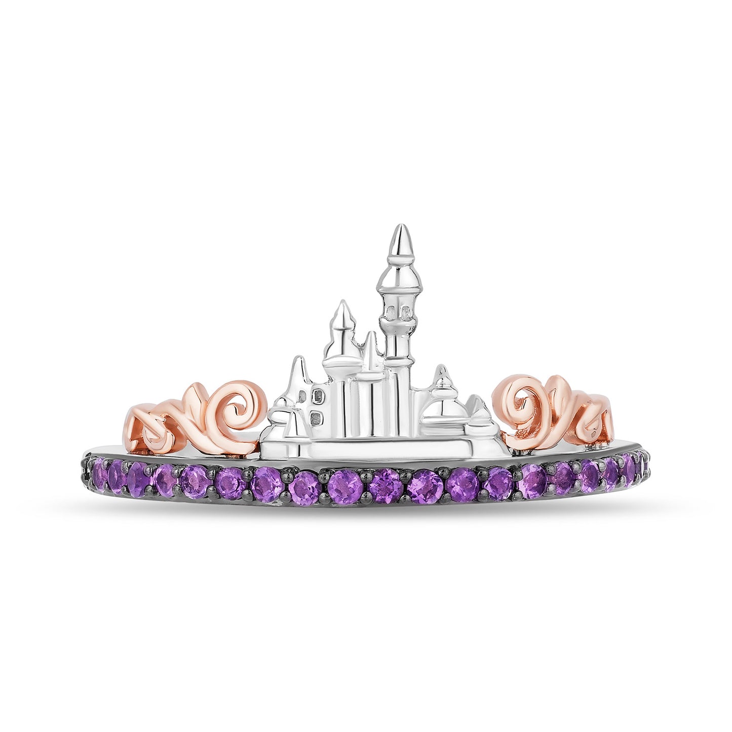 Enchanted Disney Fine Jewelry 14K Rose Gold Over Sterling Silver with 1/20 CTTW Diamonds and Amethyst Rapunzel Duo Stack Ring