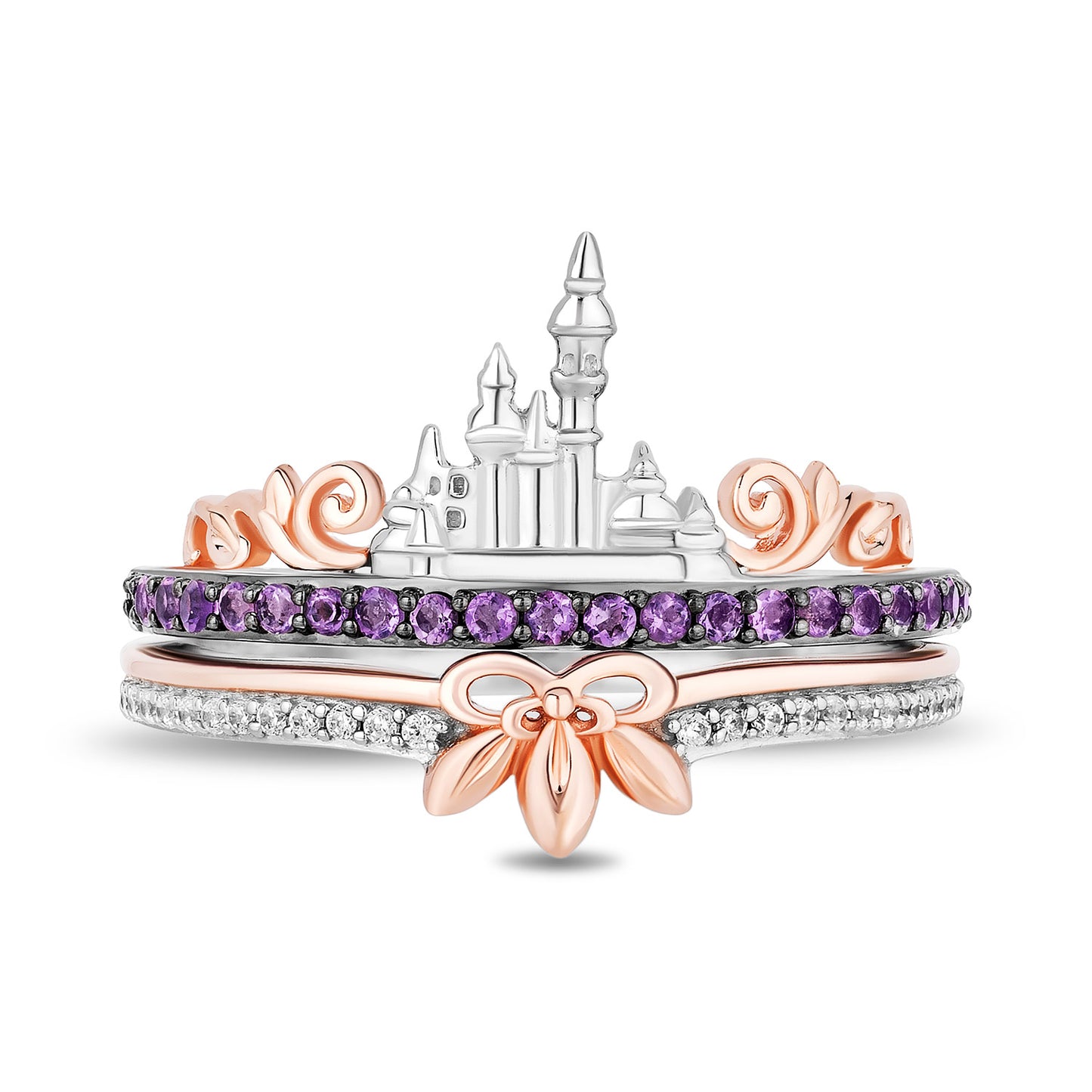 Enchanted Disney Fine Jewelry 14K Rose Gold Over Sterling Silver with 1/20 CTTW Diamonds and Amethyst Rapunzel Duo Stack Ring