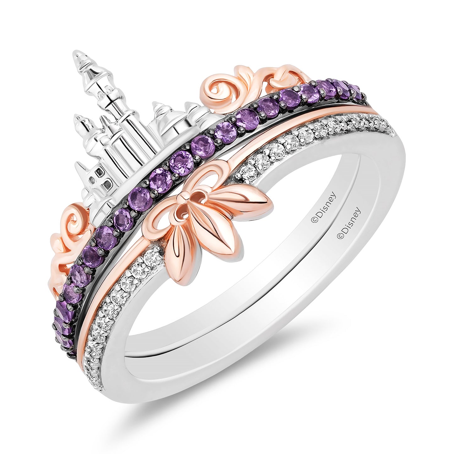 Enchanted Disney Fine Jewelry 14K Rose Gold Over Sterling Silver with 1/20 CTTW Diamonds and Amethyst Rapunzel Duo Stack Ring