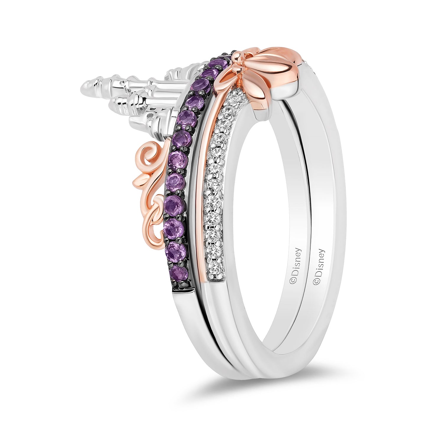 Enchanted Disney Fine Jewelry 14K Rose Gold Over Sterling Silver with 1/20 CTTW Diamonds and Amethyst Rapunzel Duo Stack Ring