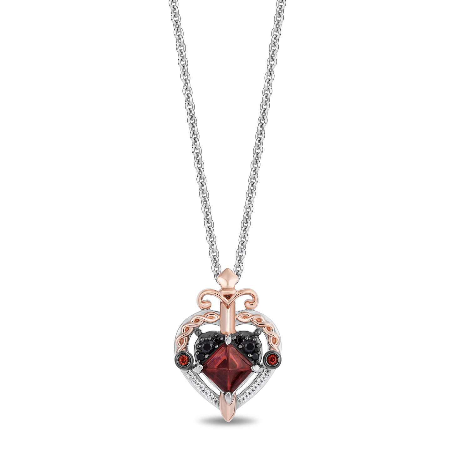 Enchanted Disney Fine Jewelry 14K Rose Gold and Black Rhodium over Sterling Silver with 1/10 CTTW  Diamonds and Special Cut Pyramid Garnet Evil Queen Necklace