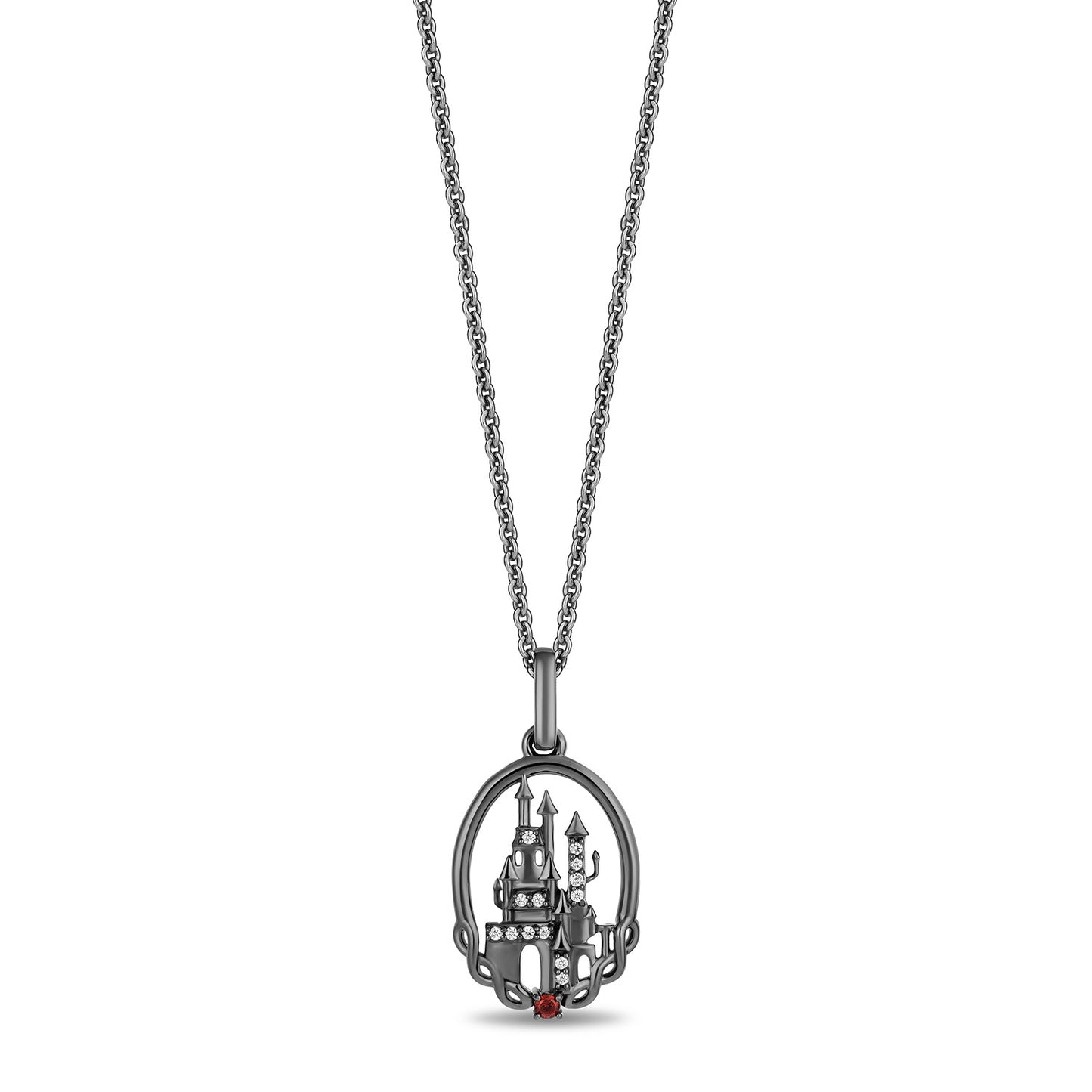 Enchanted Disney Fine Jewelry Black Rhodium Over Sterling Silver with 1/20 CTTW Diamonds and Red Garnet Evil Queen Necklace