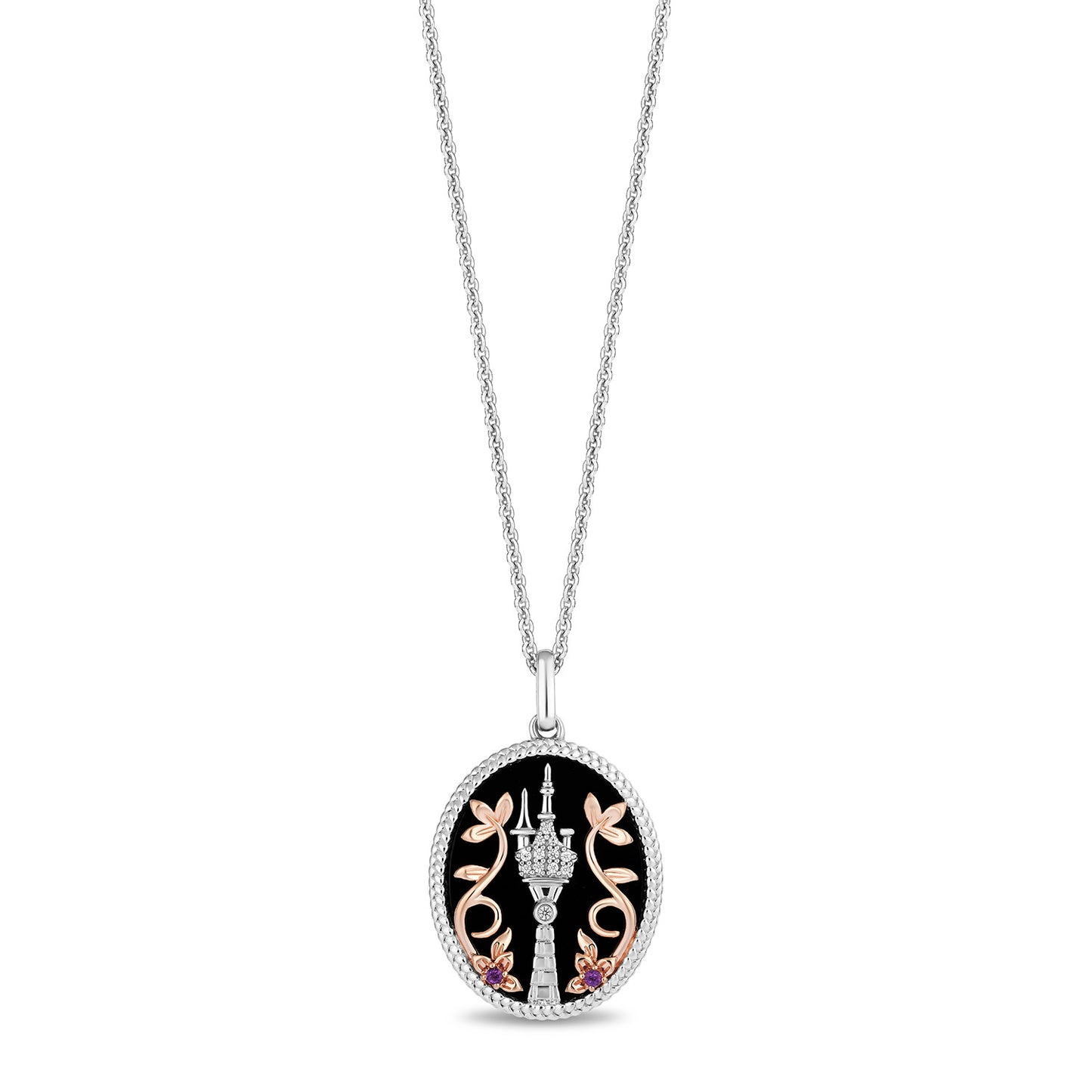 Enchanted Disney Fine Jewelry 14K Rose Gold Over Sterling Silver with 1/20 CTTW Diamonds, Special Cut Black Onyx and Amethyst Rapunzel Necklace