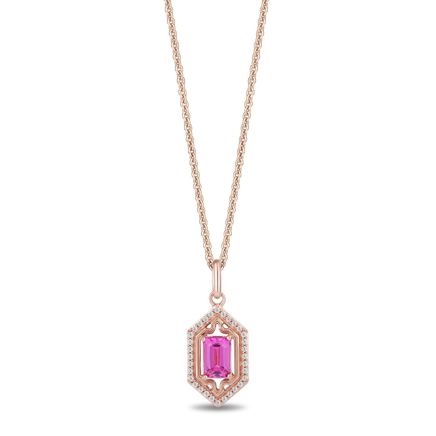 Enchanted Disney Fine Jewelry 14K Rose Gold over Sterling Silver with 1/10 CTTW Diamonds and Created Pink Sapphire Aurora Necklace