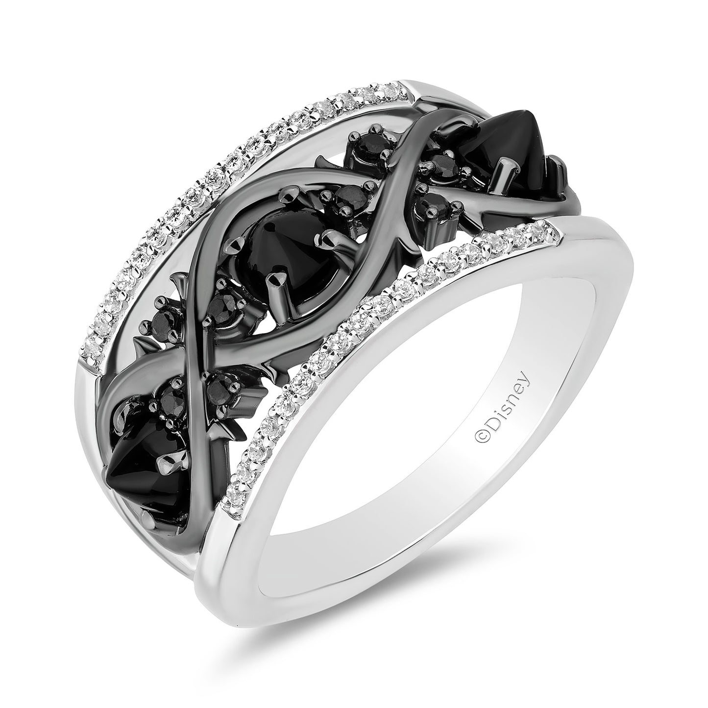 Enchanted Disney Fine Jewelry Black Rhodium over Sterling Silver with 1/5 CTTW Diamonds and Black Onyx Maleficent Ring