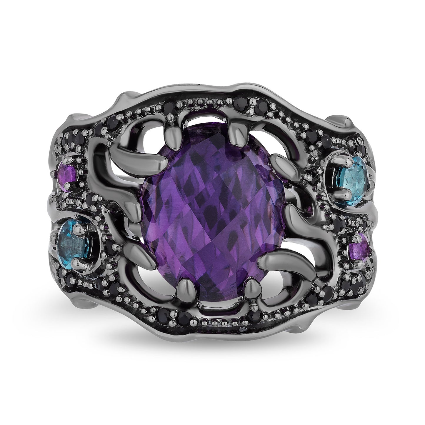 Enchanted Disney Fine Jewelry Black Rhodium over Sterling Silver with London Blue Topaz, Amethyst and Black Onyx Ursula Ring