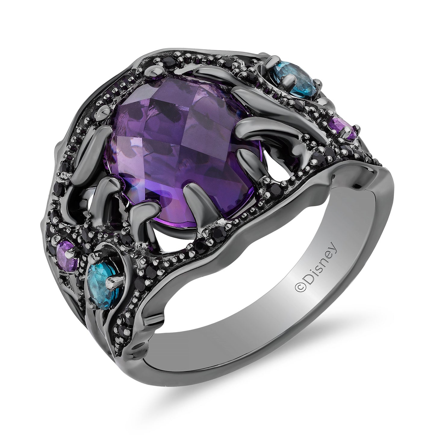 Enchanted Disney Fine Jewelry Black Rhodium over Sterling Silver with London Blue Topaz, Amethyst and Black Onyx Ursula Ring