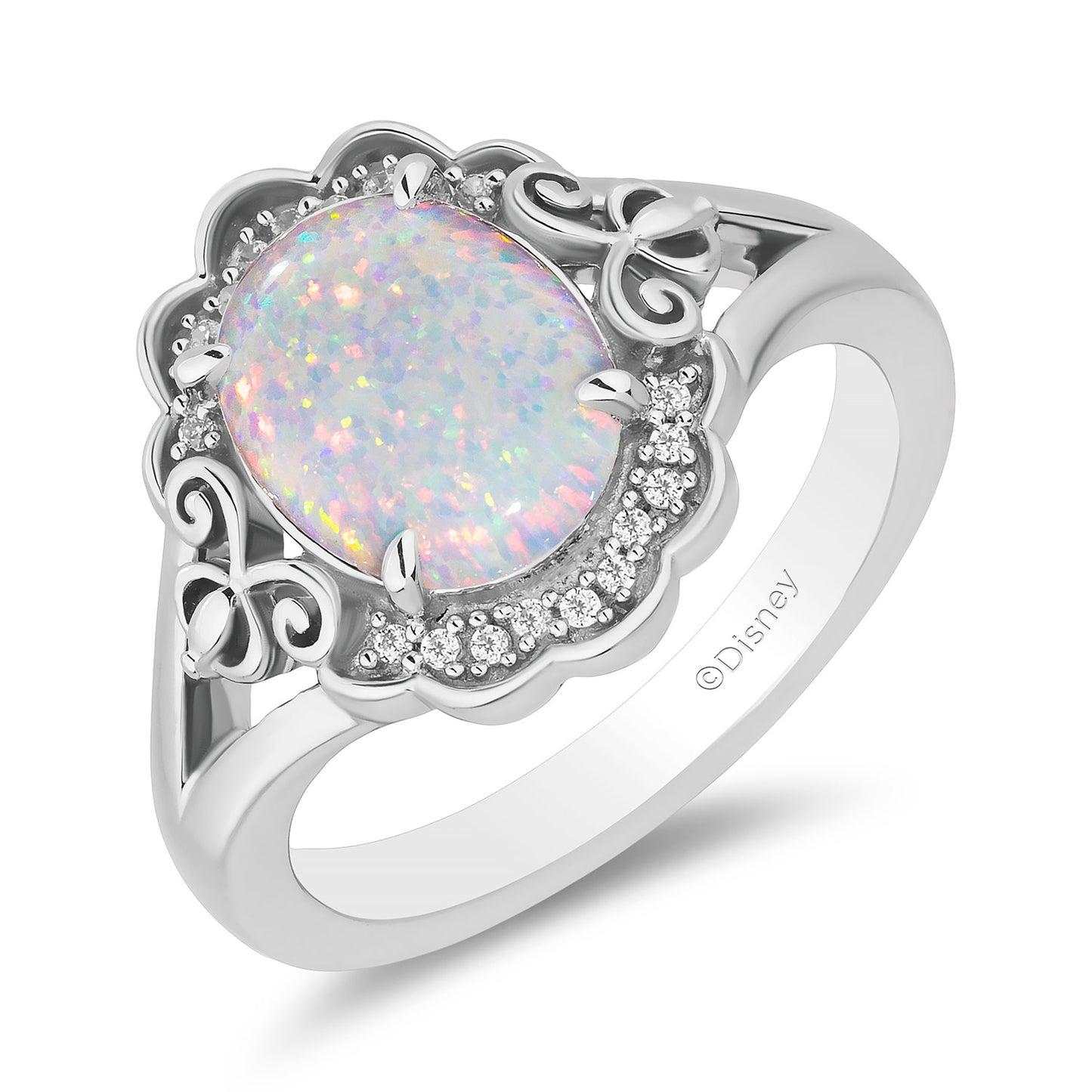 Enchanted Disney Fine Jewelry Sterling Silver with 1/20 CTTW Diamonds and Created Opal Cinderella Ring