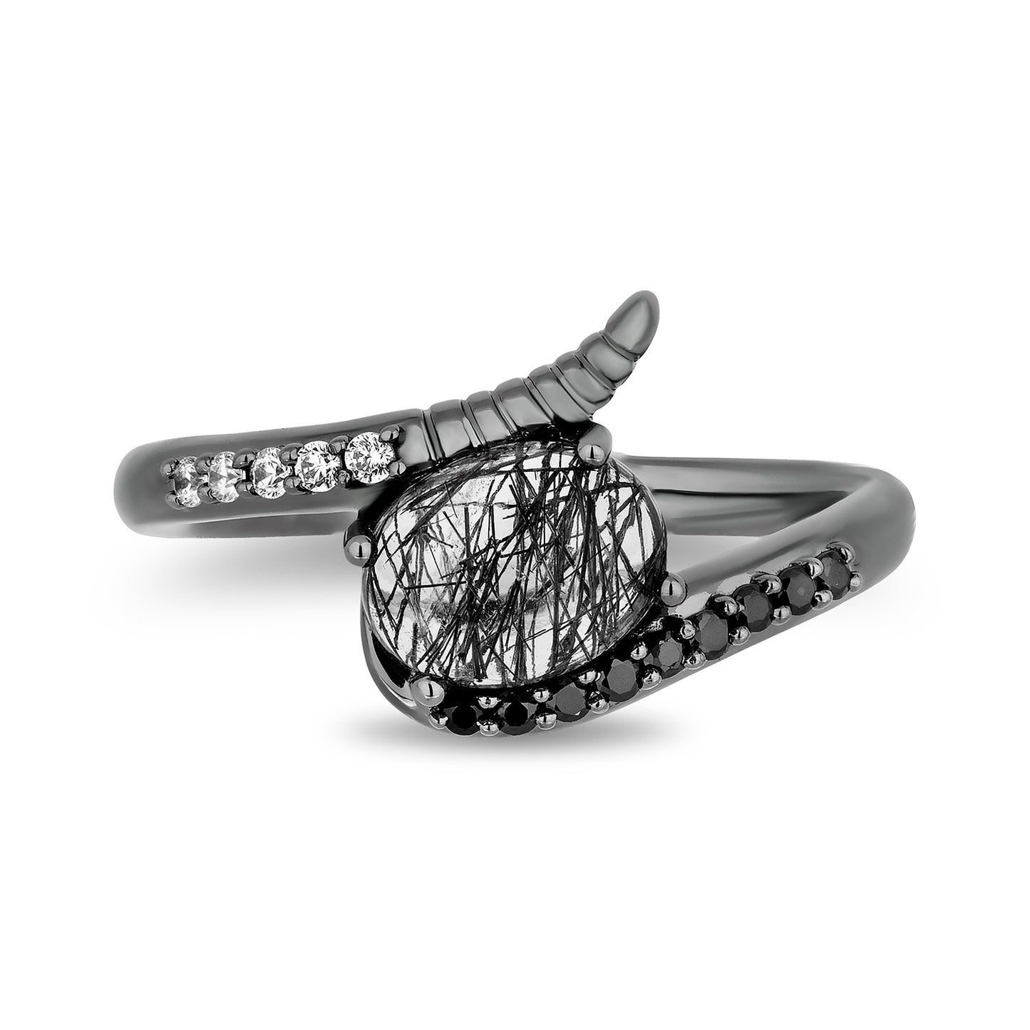 Enchanted Disney Fine Jewelry Black Rhodium over Sterling Silver with 1/8 CTTW Diamonds and Rutile Quartz Maleficent Ring