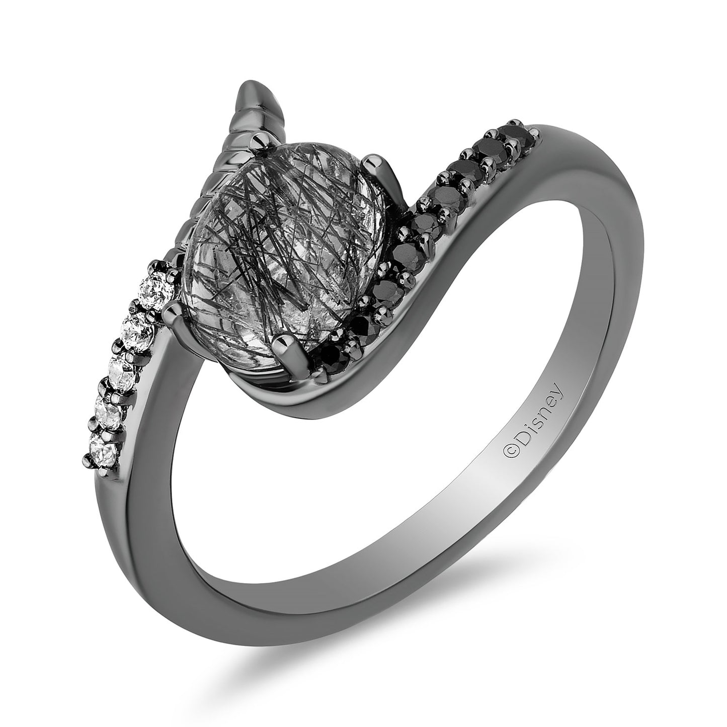 Enchanted Disney Fine Jewelry Black Rhodium over Sterling Silver with 1/8 CTTW Diamonds and Rutile Quartz Maleficent Ring