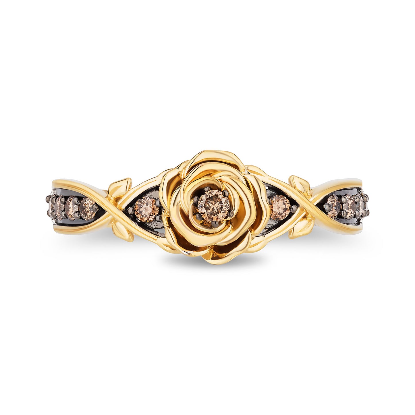 Enchanted Disney Fine Jewelry 14K Yellow Gold and Black Rhodium over Sterling Silver with 1/4 CTTW Champagne Diamonds Belle Ring