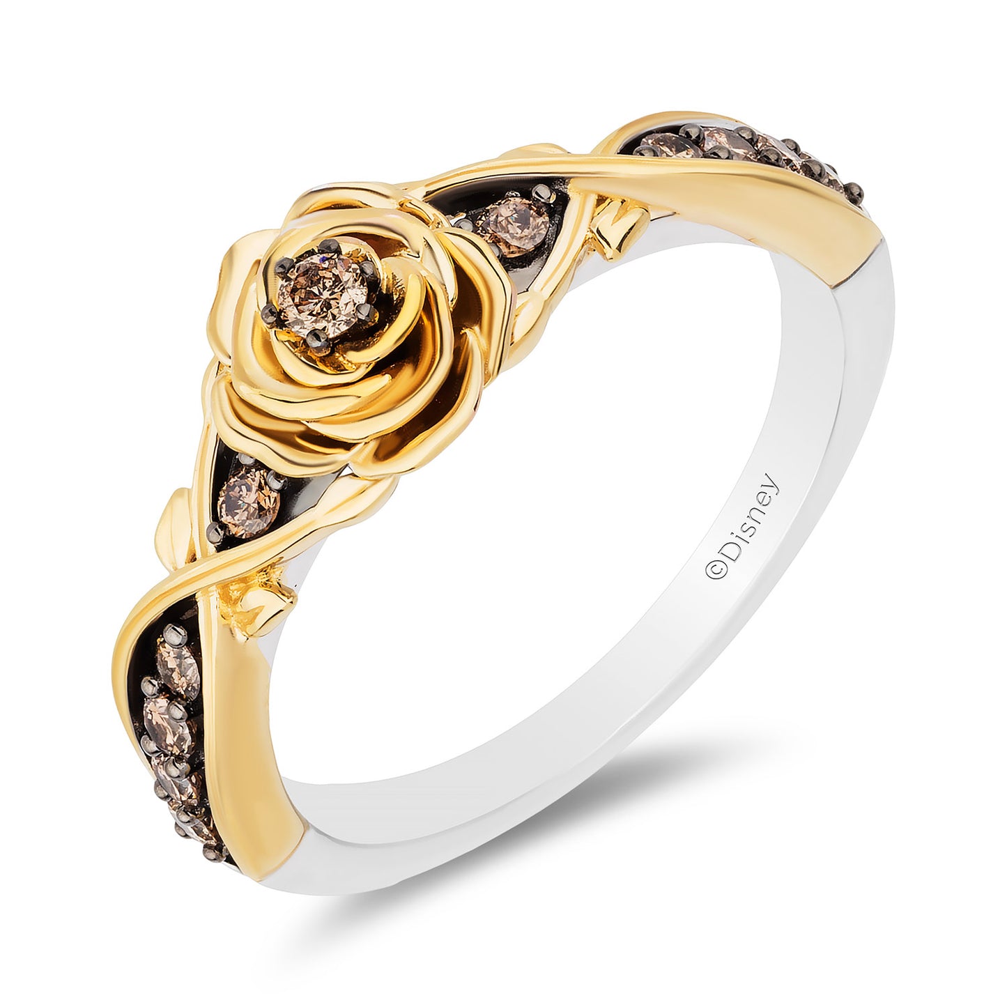 Enchanted Disney Fine Jewelry 14K Yellow Gold and Black Rhodium over Sterling Silver with 1/4 CTTW Champagne Diamonds Belle Ring