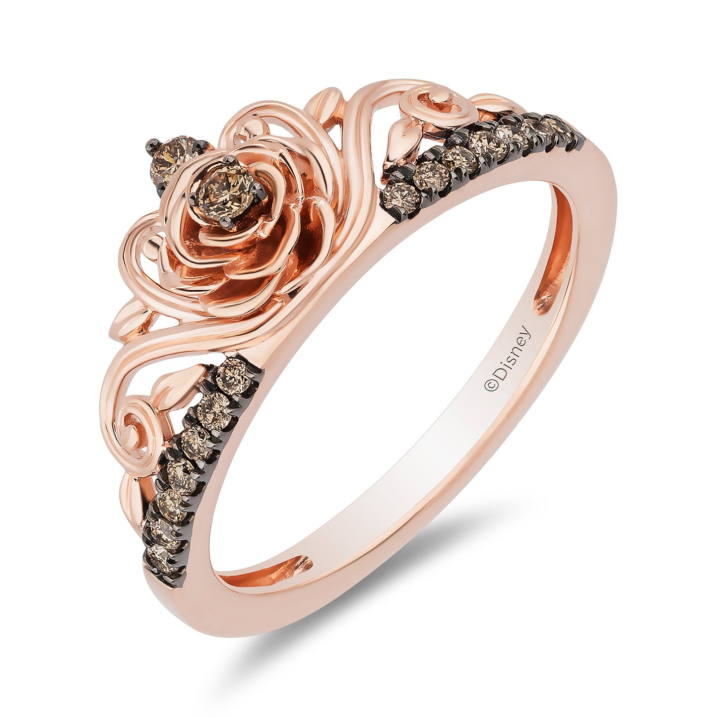 Enchanted Disney Fine Jewelry 14K Rose Gold and Black Rhodium over Sterling Silver with 1/6 CTTW Champagne Diamonds Belle Ring