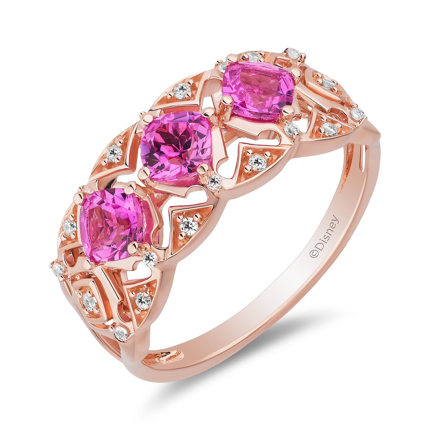 Enchanted Disney Fine Jewelry 14K Rose Gold over Sterling Silver with 1/10 CTTW Diamonds and Created Pink Sapphire Aurora Ring