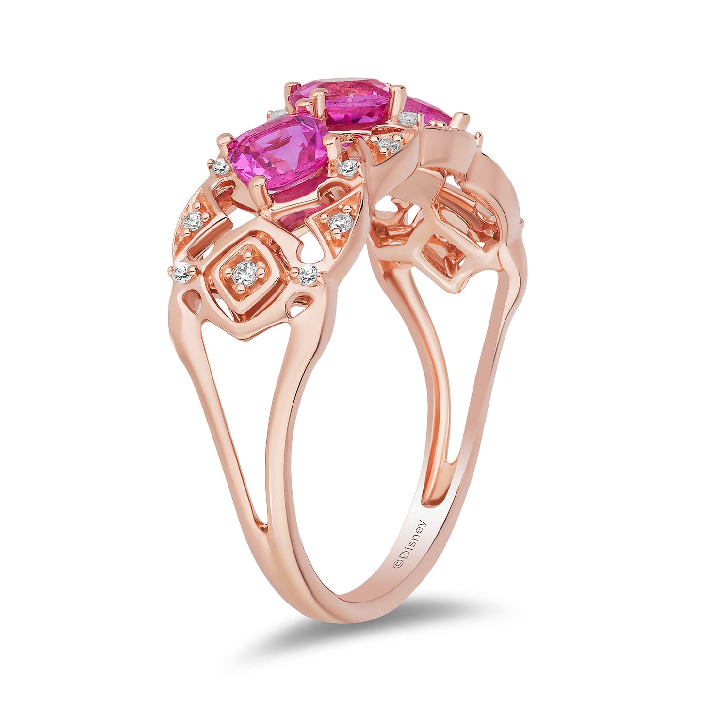 Enchanted Disney Fine Jewelry 14K Rose Gold over Sterling Silver with 1/10 CTTW Diamonds and Created Pink Sapphire Aurora Ring