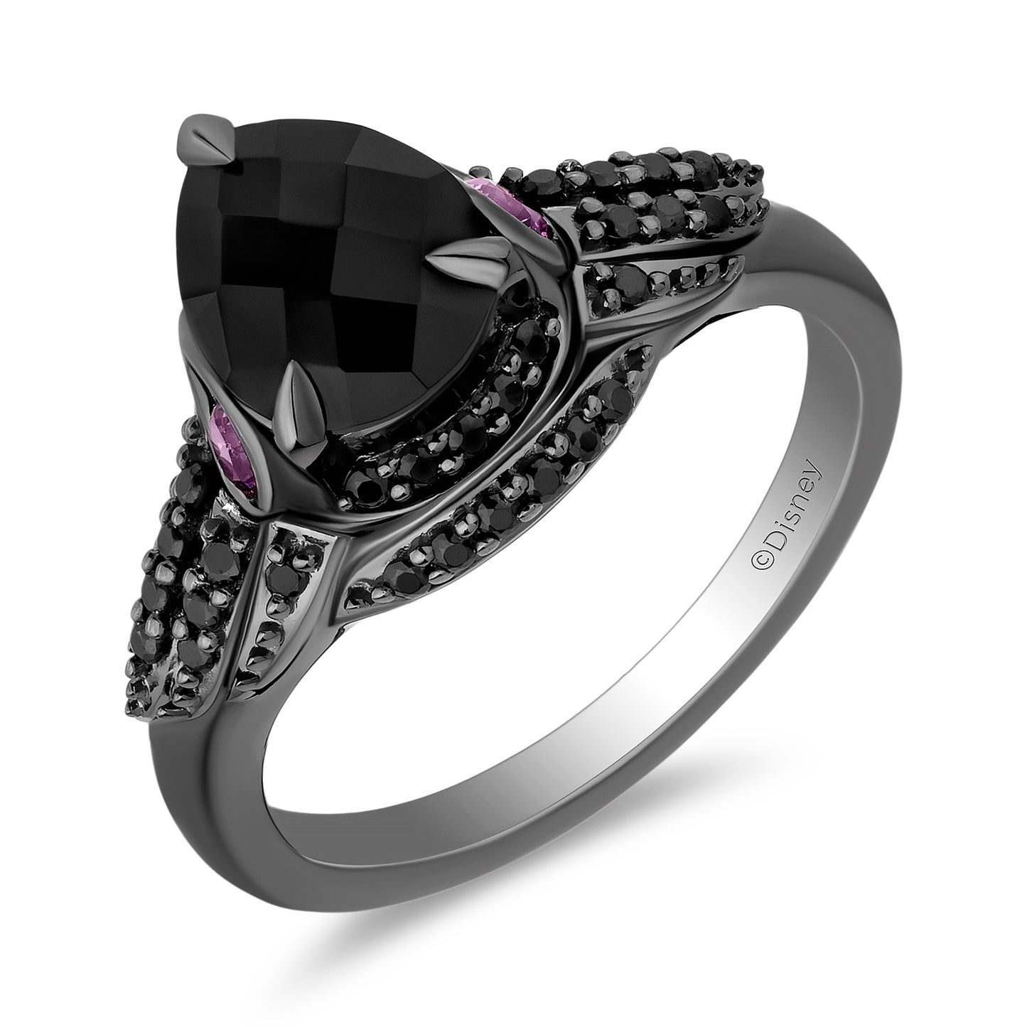 Enchanted Disney Fine Jewelry Black Rhodium over Sterling Silver with 1/4 CTTW Diamonds and Black Onyx Maleficent Ring