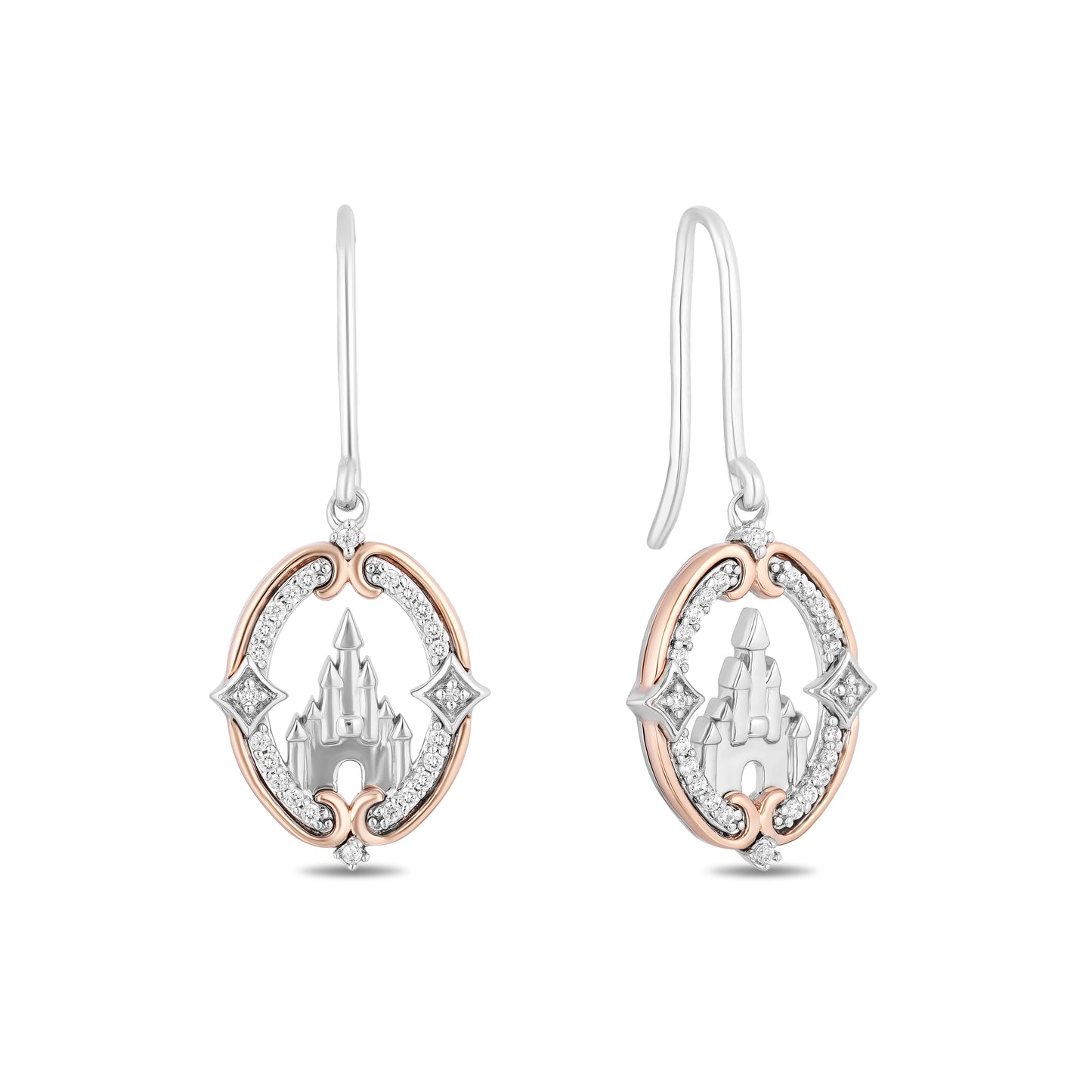 Enchanted Disney Fine Jewelry Sterling Silver and 10K Rose Gold with 1/6 CTTW Diamonds Majestic Princess Castle Earrings