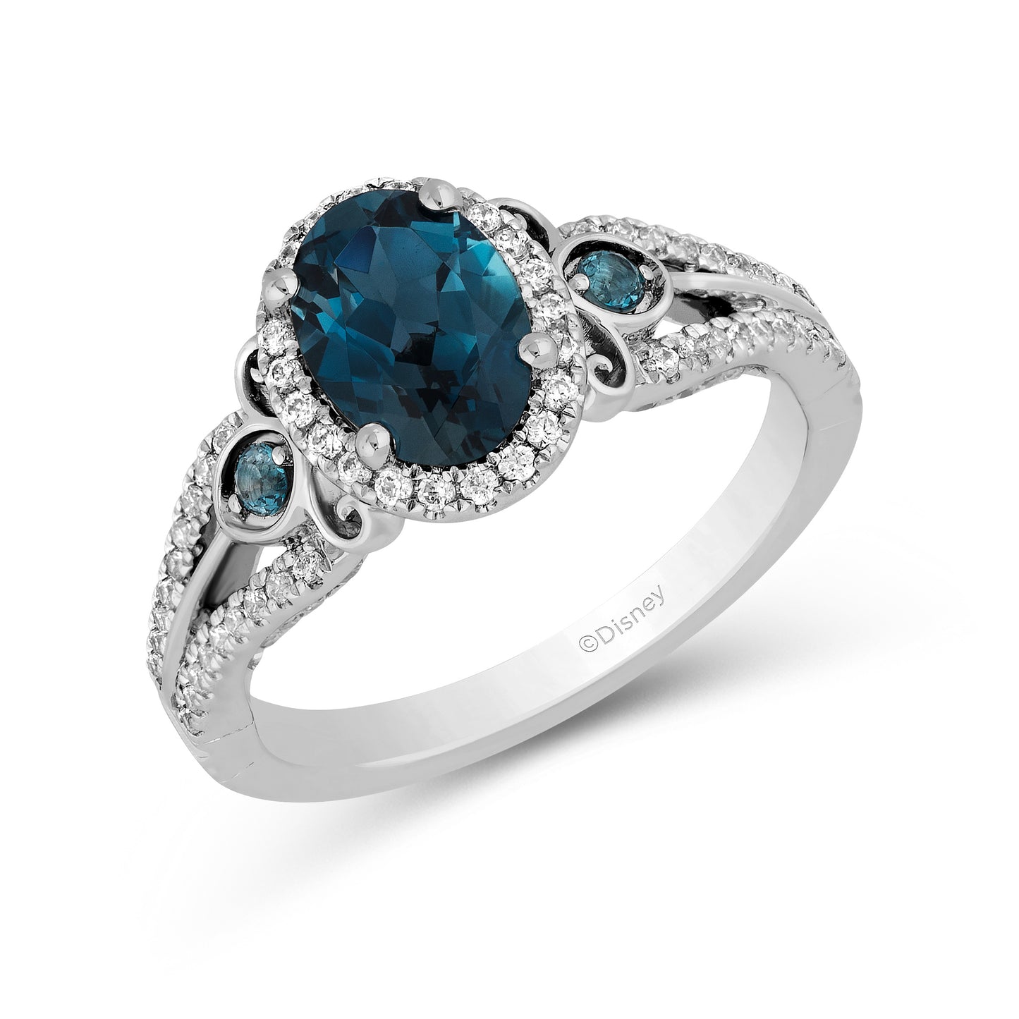 Enchanted Disney Fine Jewelry 14K White Gold with 1/3 CTTW Diamond and London Blue Topaz, Disney's Cinderella Engagement Ring