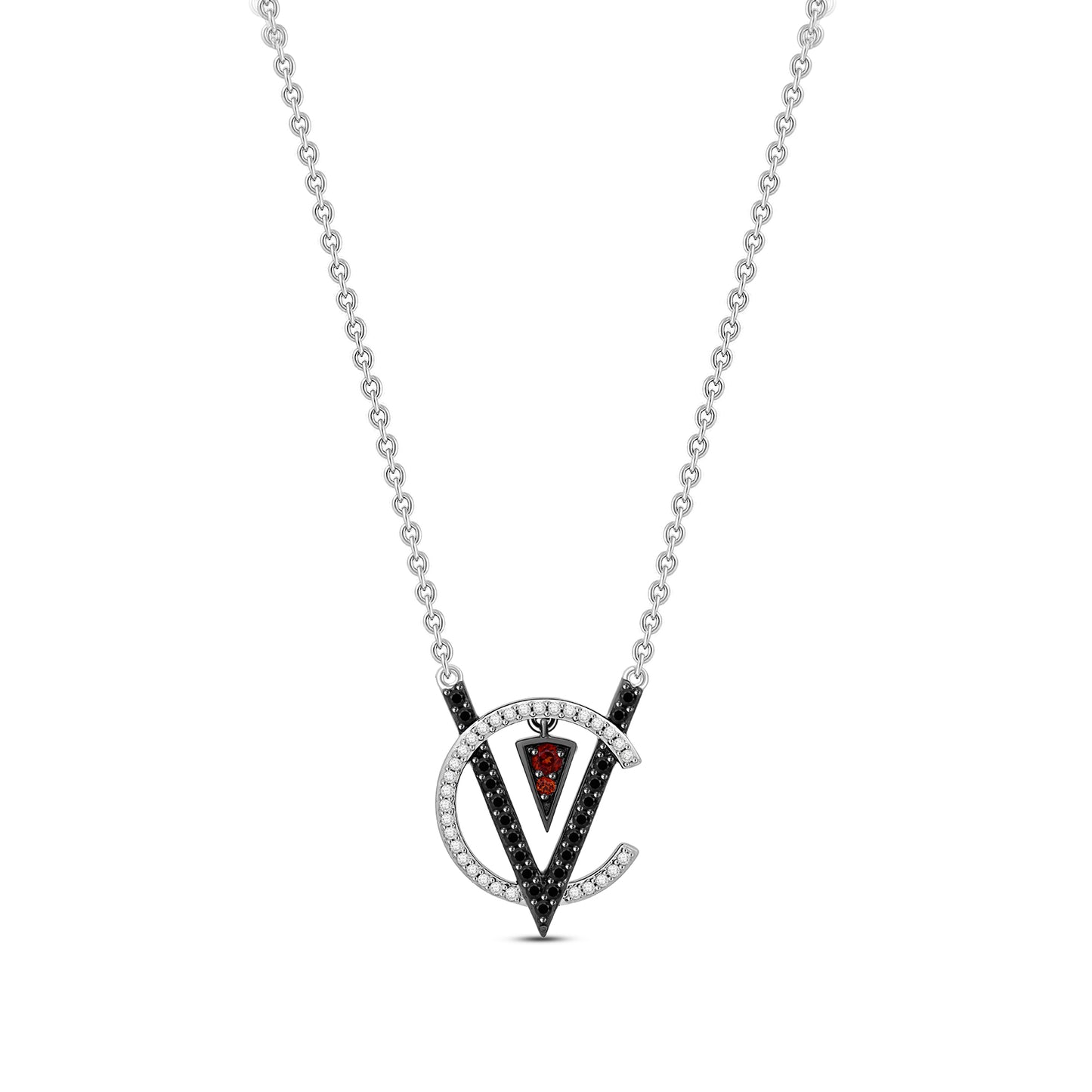 Enchanted Disney Fine Jewelry Sterling Silver with 1/4 CTTW Black and White Diamonds and Garnet Cruella Necklace