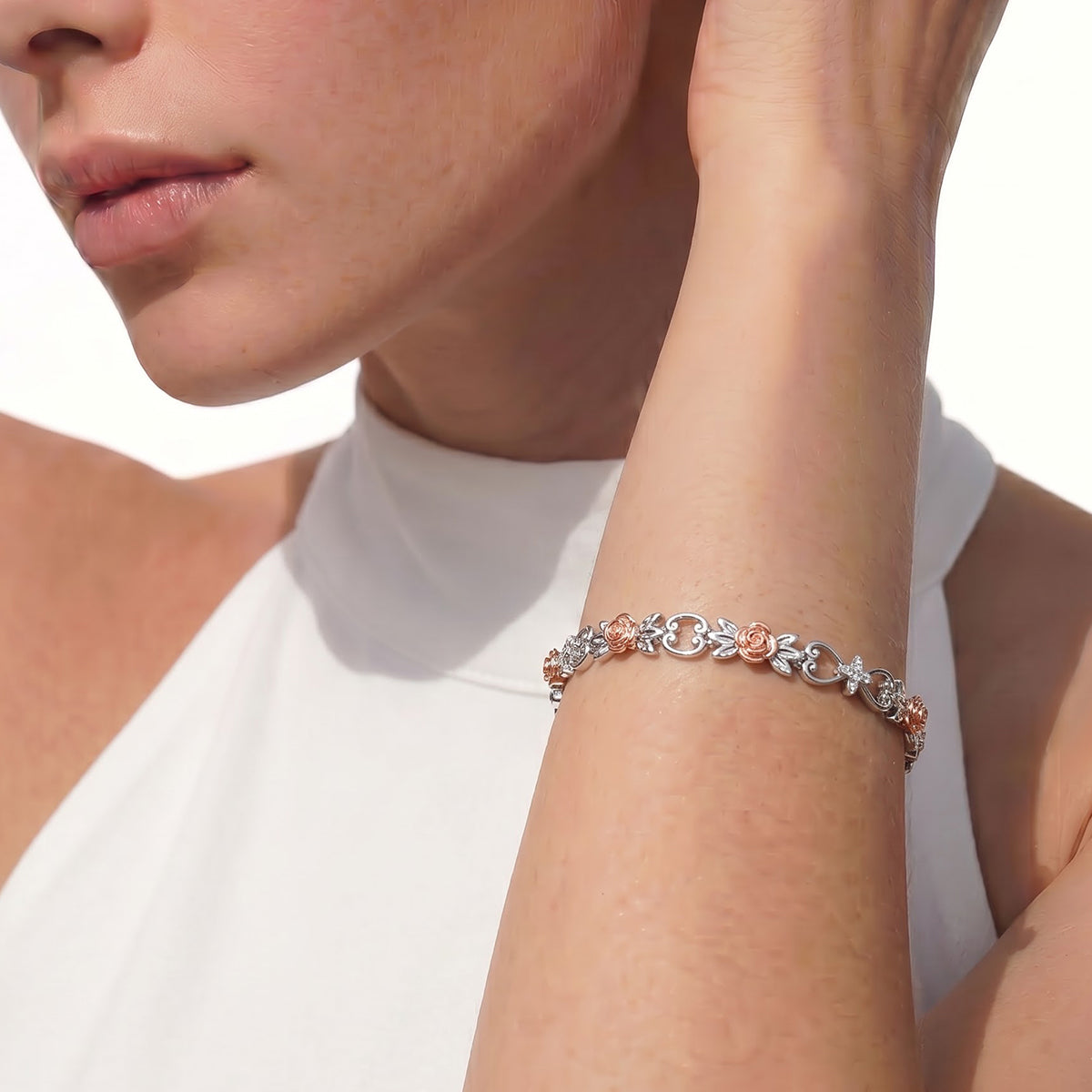 Enchanted Disney Fine Jewelry 14K Rose Gold Over Sterling Silver with 1/10 CTTW Diamonds Belle Bracelet