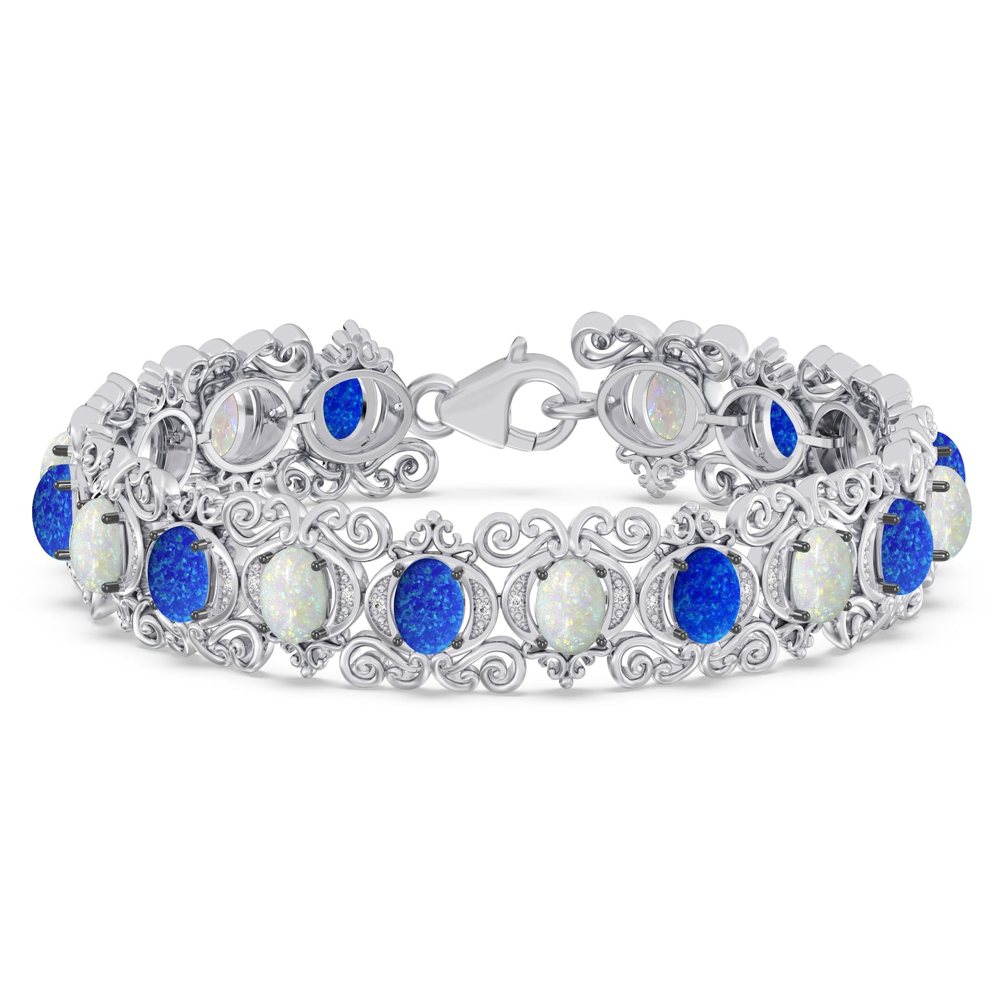 Enchanted Disney Fine Jewelry Sterling Silver with 1/6 CTTW Diamonds, Created Blue and White Opal Cinderella Bracelet
