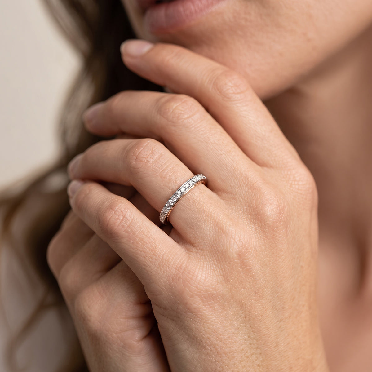 Enchanted Disney Fine Jewelry 14K White Gold and Rose Gold 1/6 CTTW Belle Wedding Band