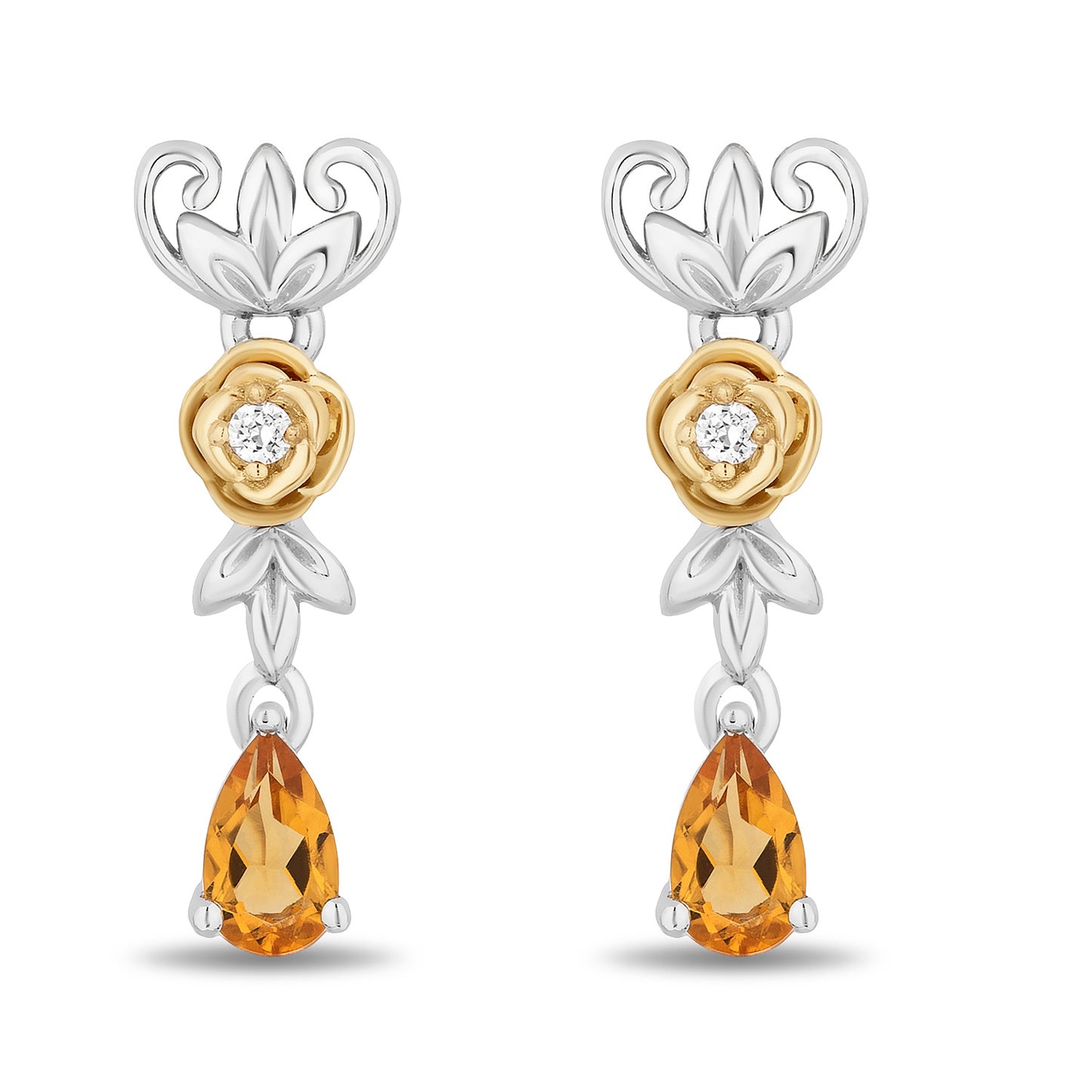 Enchanted Disney Fine Jewelry 14K Yellow Gold Over Sterling Silver with Accent Diamonds and Citrine Belle Earrings