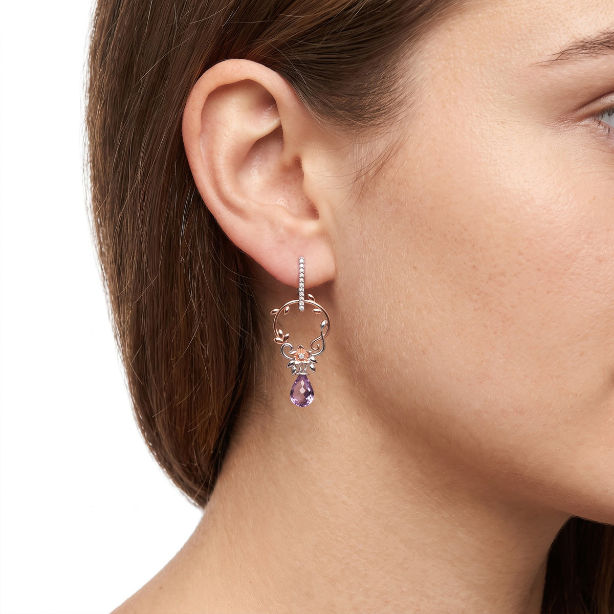 Enchanted Disney Fine Jewelry 14K Rose Gold Over Sterling Silver with 1/6 CTTW Diamonds and Rose De France Briolette Rapunzel Earrings