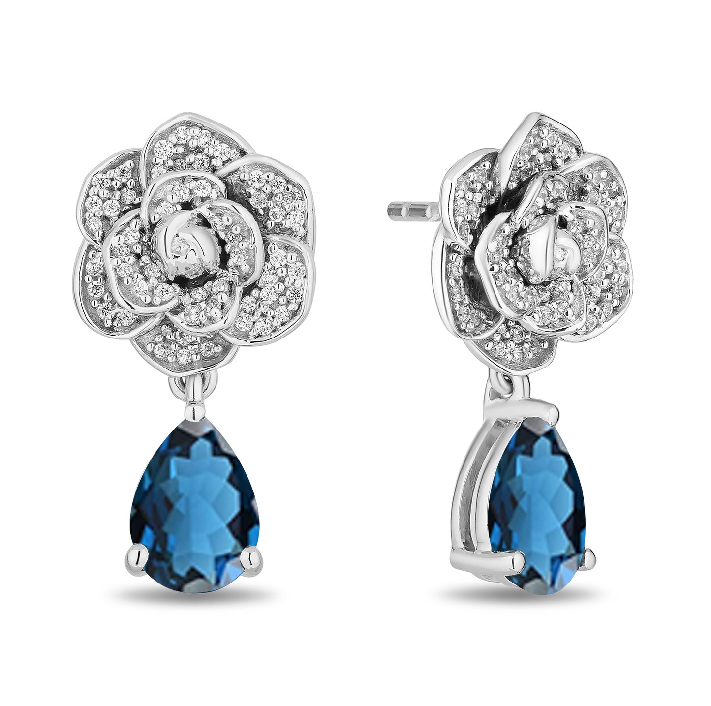 Enchanted Disney Fine Jewelry Sterling Silver with 1/5 CTTW Diamonds and London Blue Topaz Cinderella Earrings