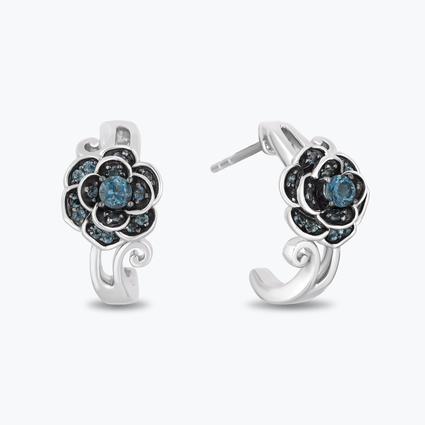 Enchanted Disney Fine Jewelry Sterling Silver with Diamond Accents and London Blue Topaz, Disney's Cinderella Gardenia Flower Huggie Earrings