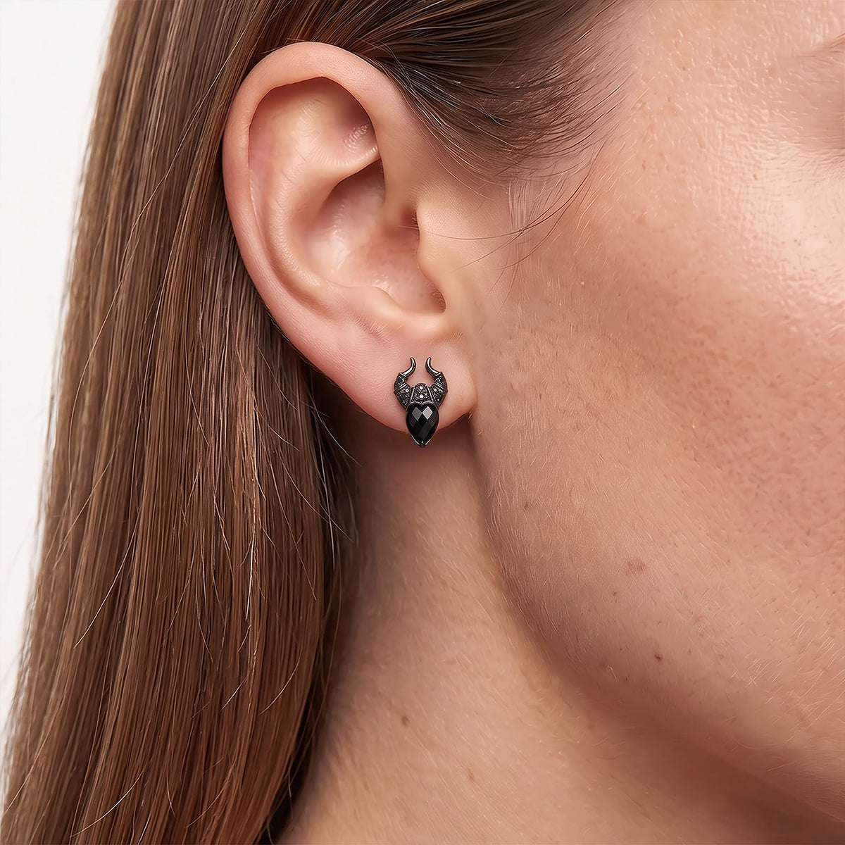 Enchanted Disney Fine Jewelry Black Rhodium Over Sterling Silver with 1/8 CTTW Black Diamonds and Black Onyx Maleficent Stud Earrings