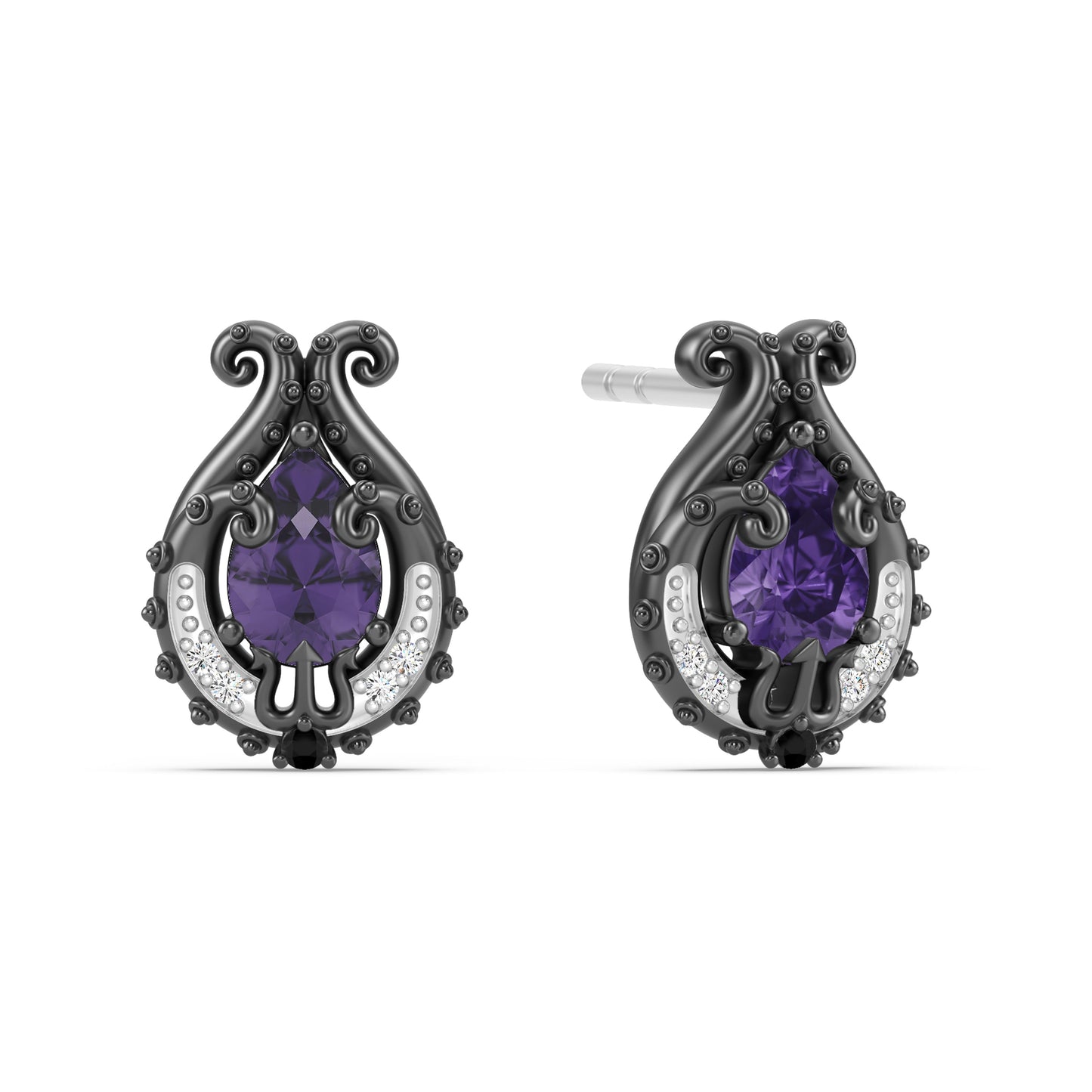 Enchanted Disney Fine Jewelry Black Rhodium over Sterling Silver with 1/20 CTTW Black Diamonds and Pear-shaped Amethyst Ursula Earrings