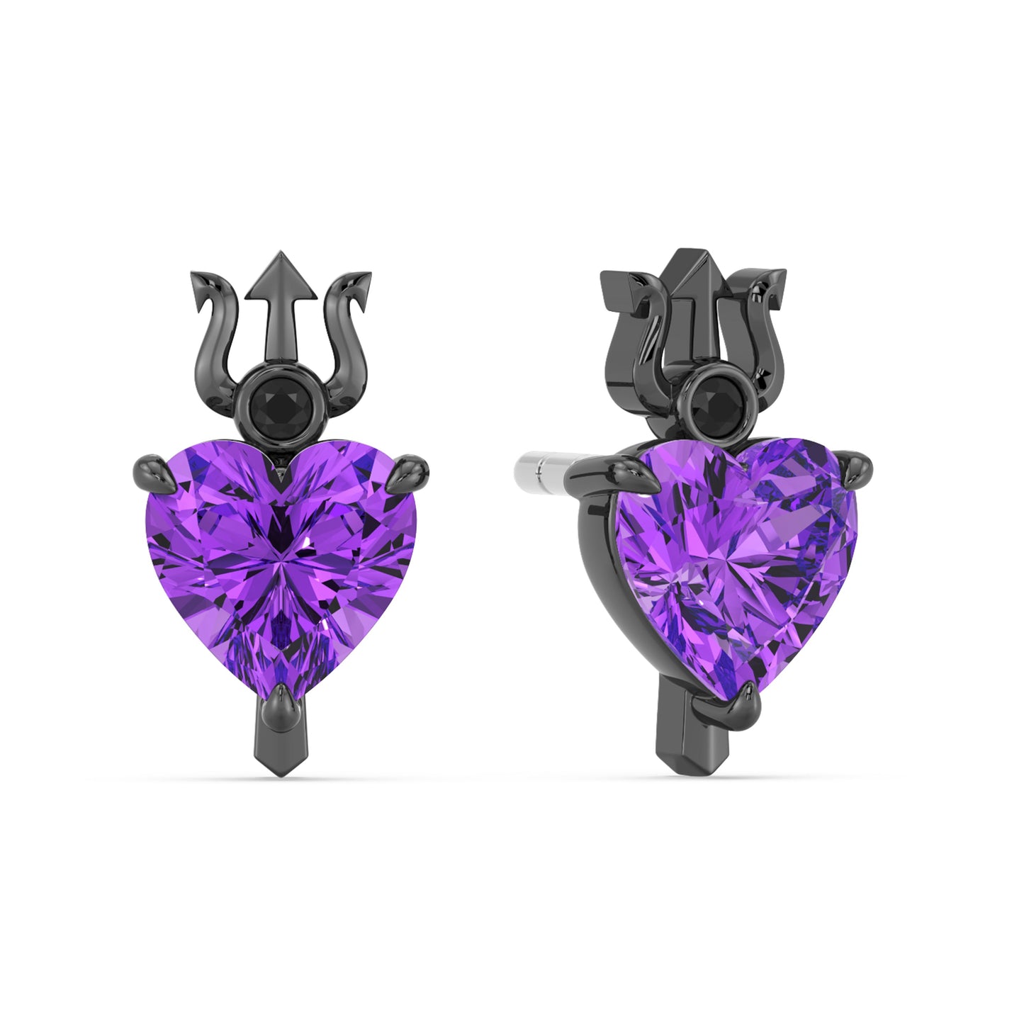 Enchanted Disney Fine Jewelry Black Rhodium over Sterling Silver with Diamond Accents and Heart Shaped Amethyst, Disney Villain Ursula Earrings