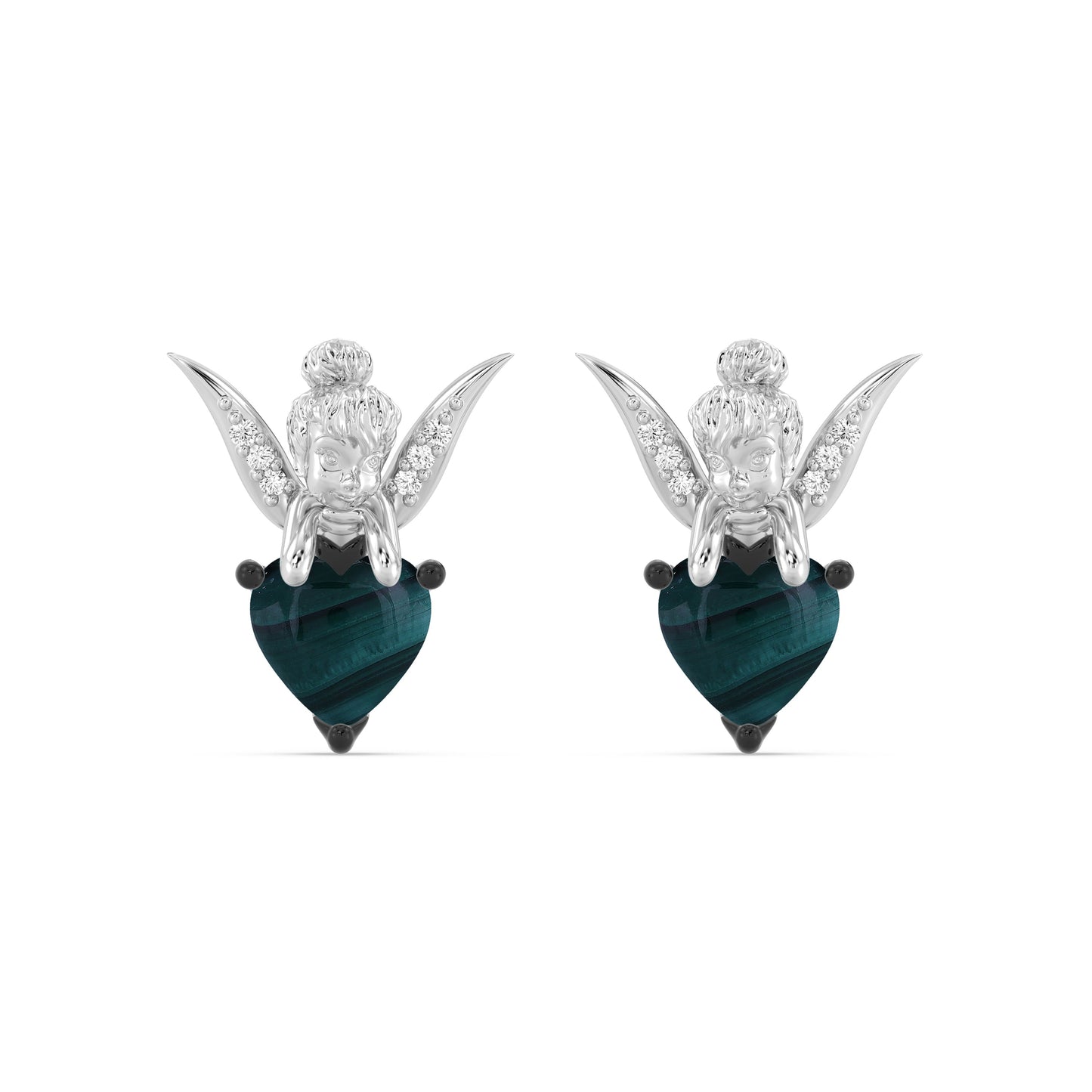 Enchanted Disney Fine Jewelry Sterling Silver with 1/20 CTTW Diamonds and Malachite Tinker Bell Earrings