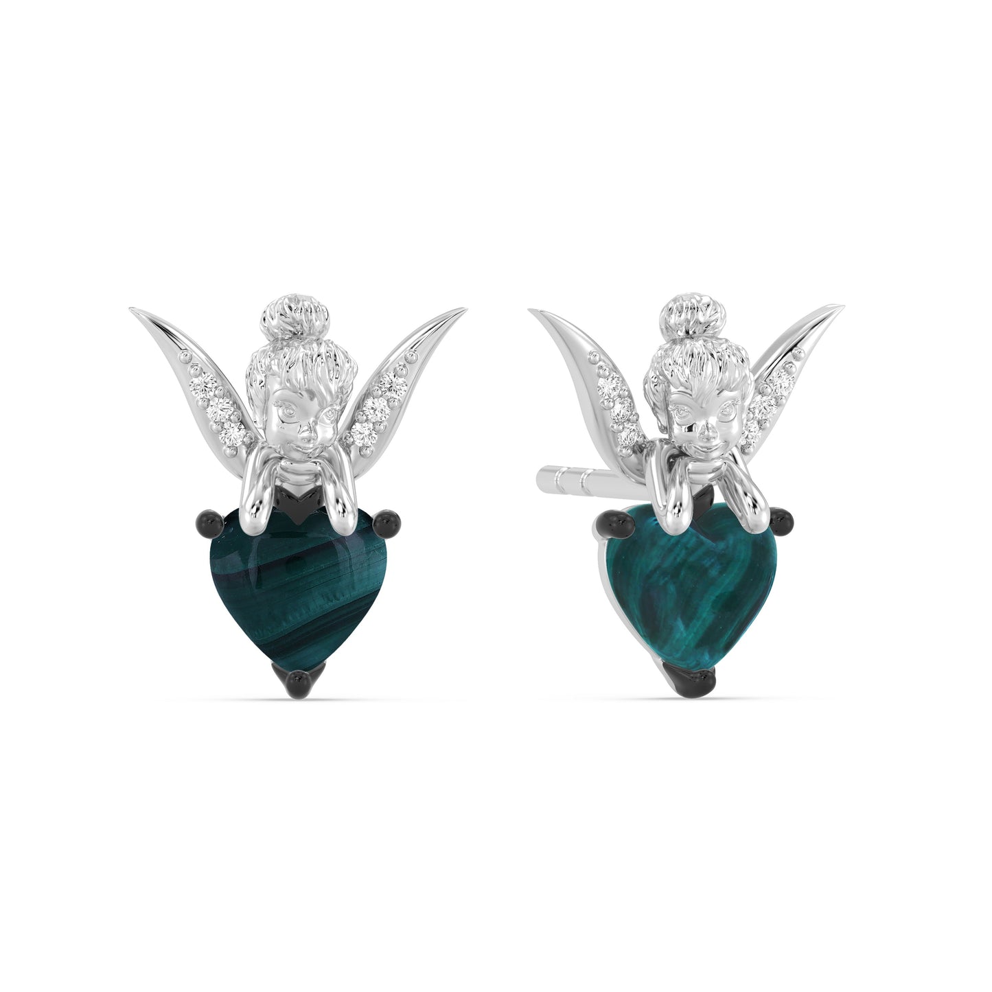 Enchanted Disney Fine Jewelry Sterling Silver with 1/20 CTTW Diamonds and Malachite Tinker Bell Earrings