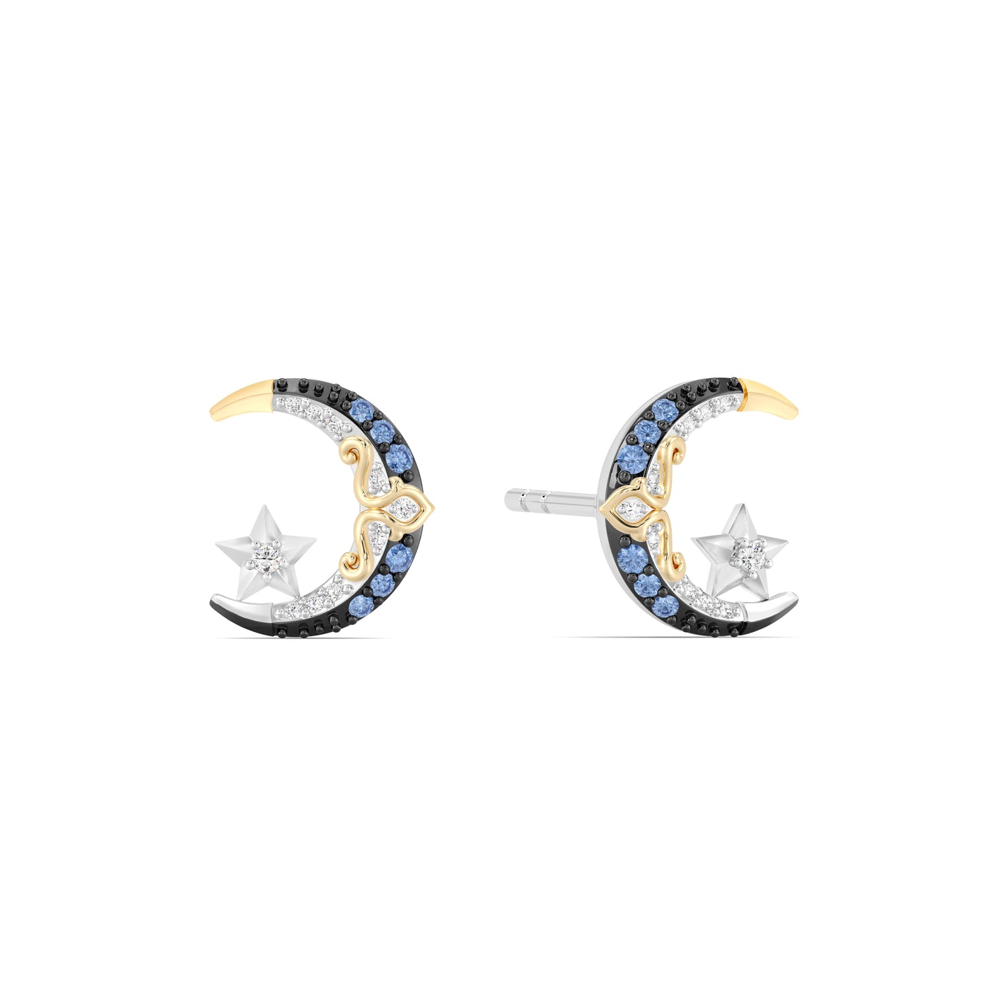 Enchanted Disney Fine Jewelry Black Rhodium over Sterling Silver and 10K Yellow Gold and with 1/20 CTTW Diamonds and Swizz Blue Topaz Jasmine Earrings