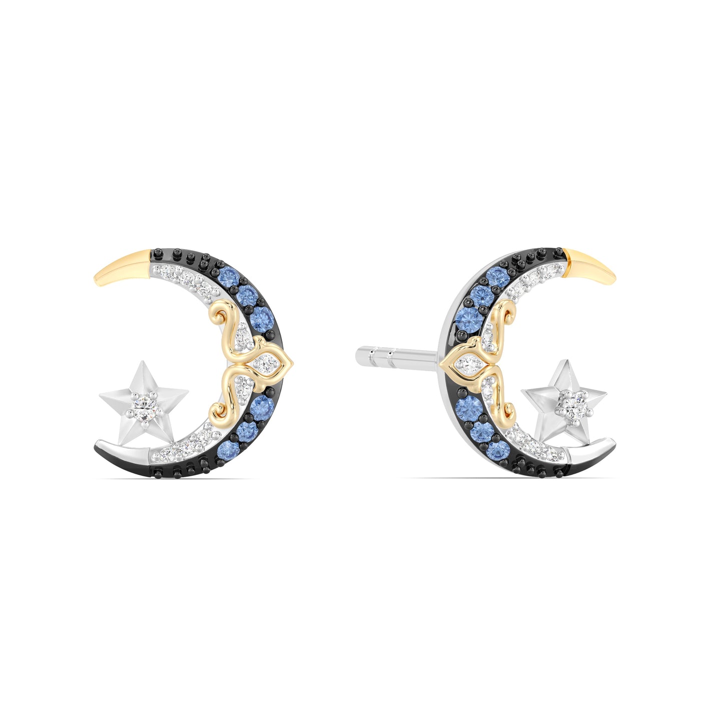 Enchanted Disney Fine Jewelry Sterling Silver, 10K Yellow Gold and Black Rhodium with 1/20 CTTW Diamonds and Swizz Blue Topaz, Disney Princess Jasmine Earrings